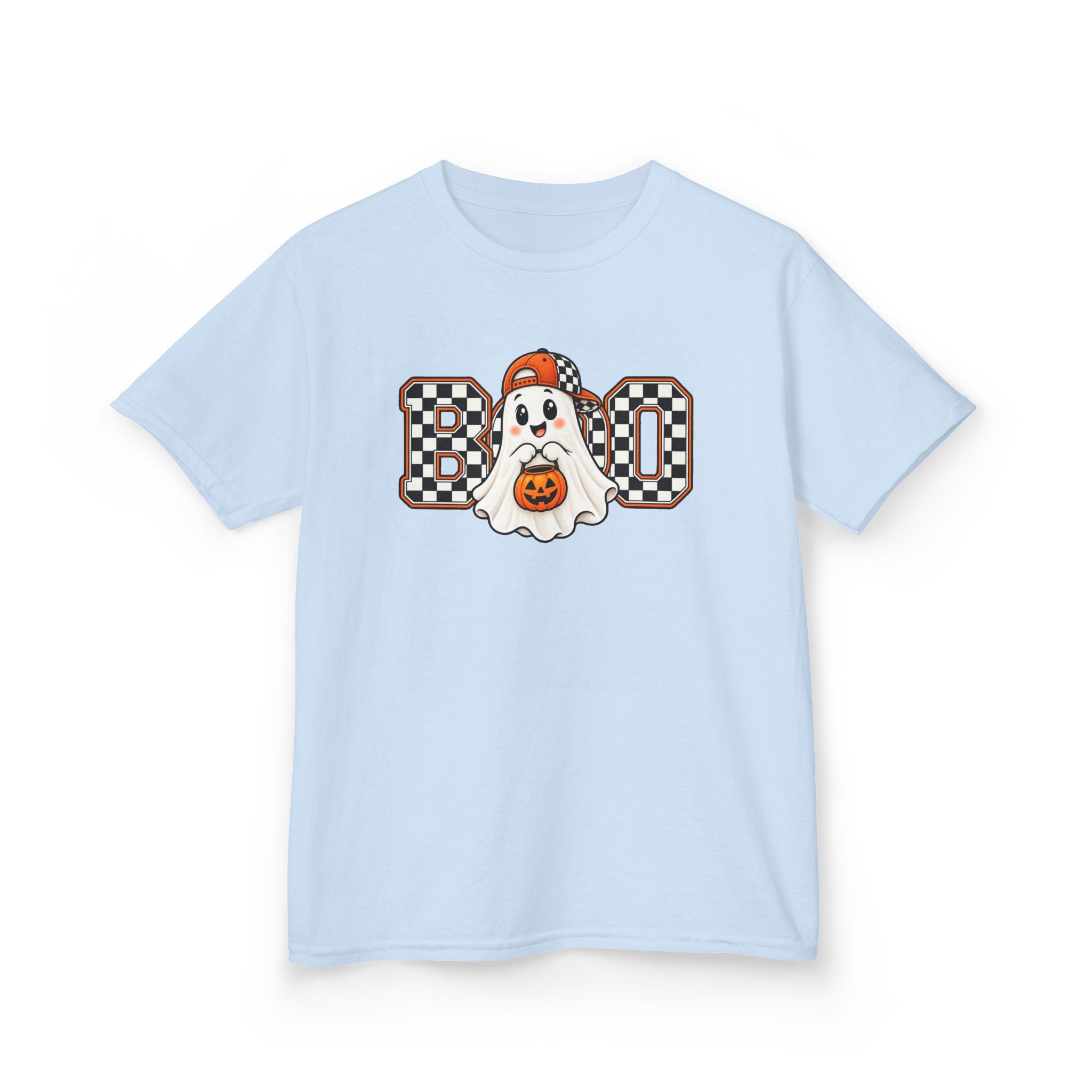 Kids (hat) Halloween 'Boo' Ghost T-Shirt — Checkered Pumpkin Costume Tee