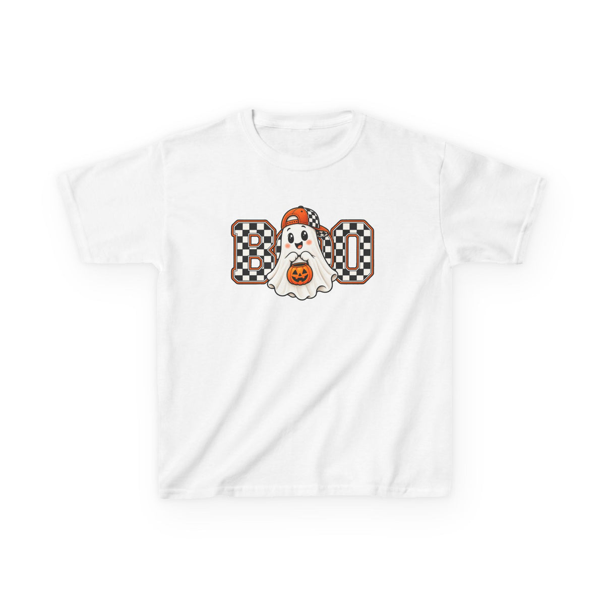 Kids (hat) Halloween 'Boo' Ghost T-Shirt — Checkered Pumpkin Costume Tee