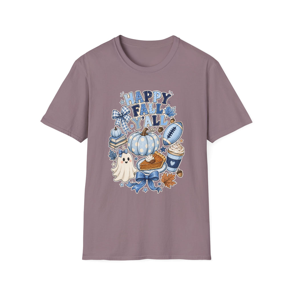 Happy Fall Y'all T-Shirt — Blue Pumpkin & Football Autumn Tee