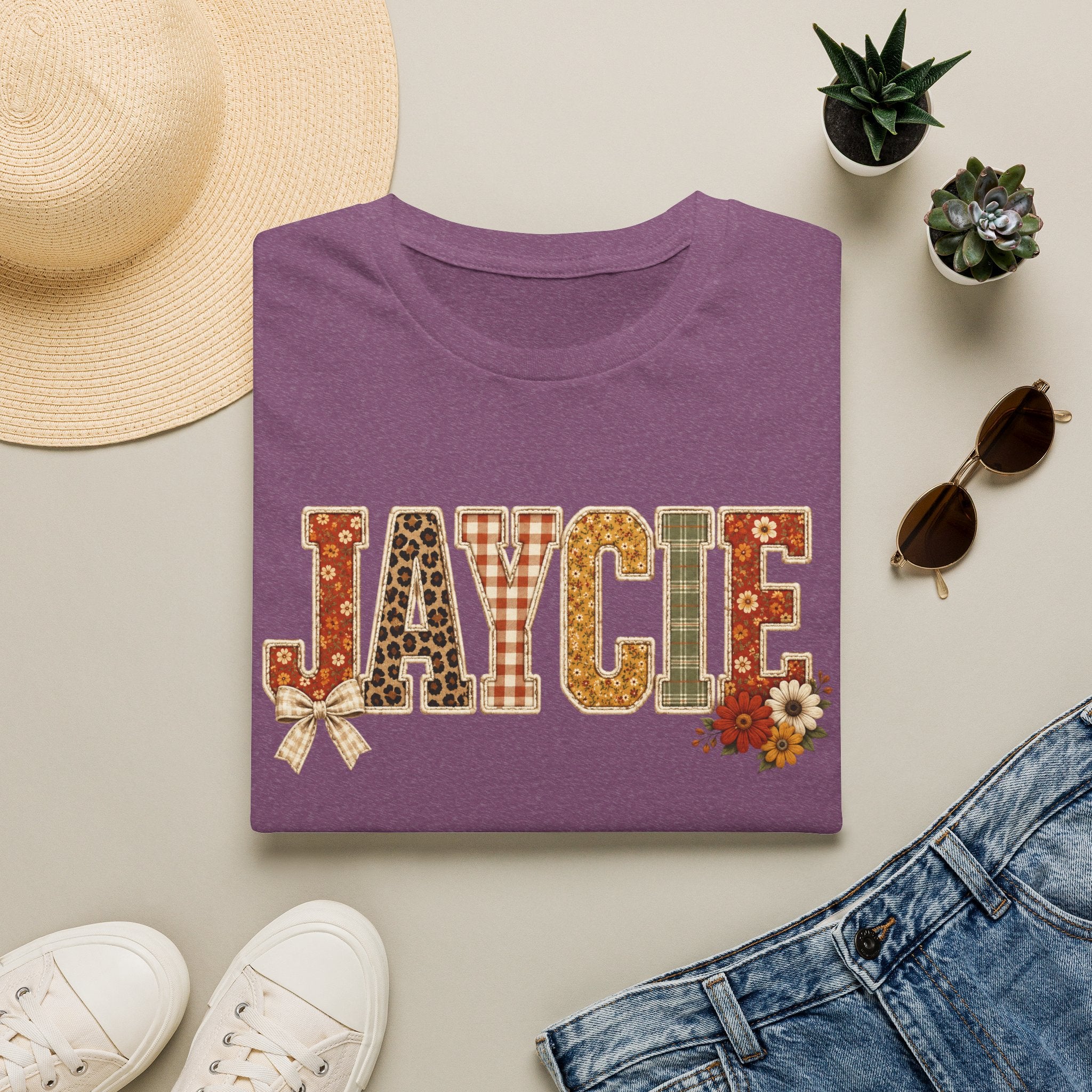 Personalized 'JAYCIE' Floral Plaid Name T-Shirt — Fall Patchwork Monogram Tee