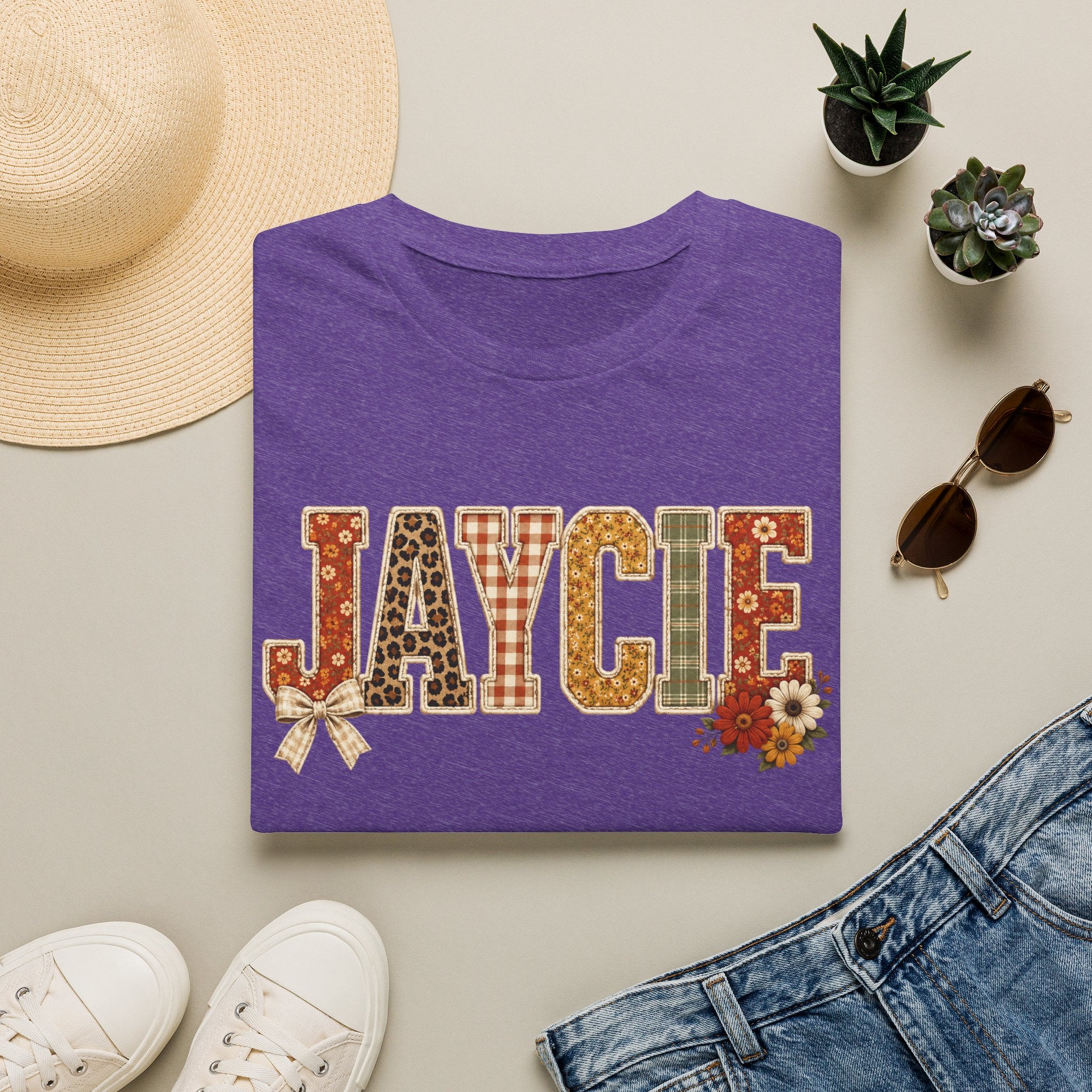 Personalized 'JAYCIE' Floral Plaid Name T-Shirt — Fall Patchwork Monogram Tee