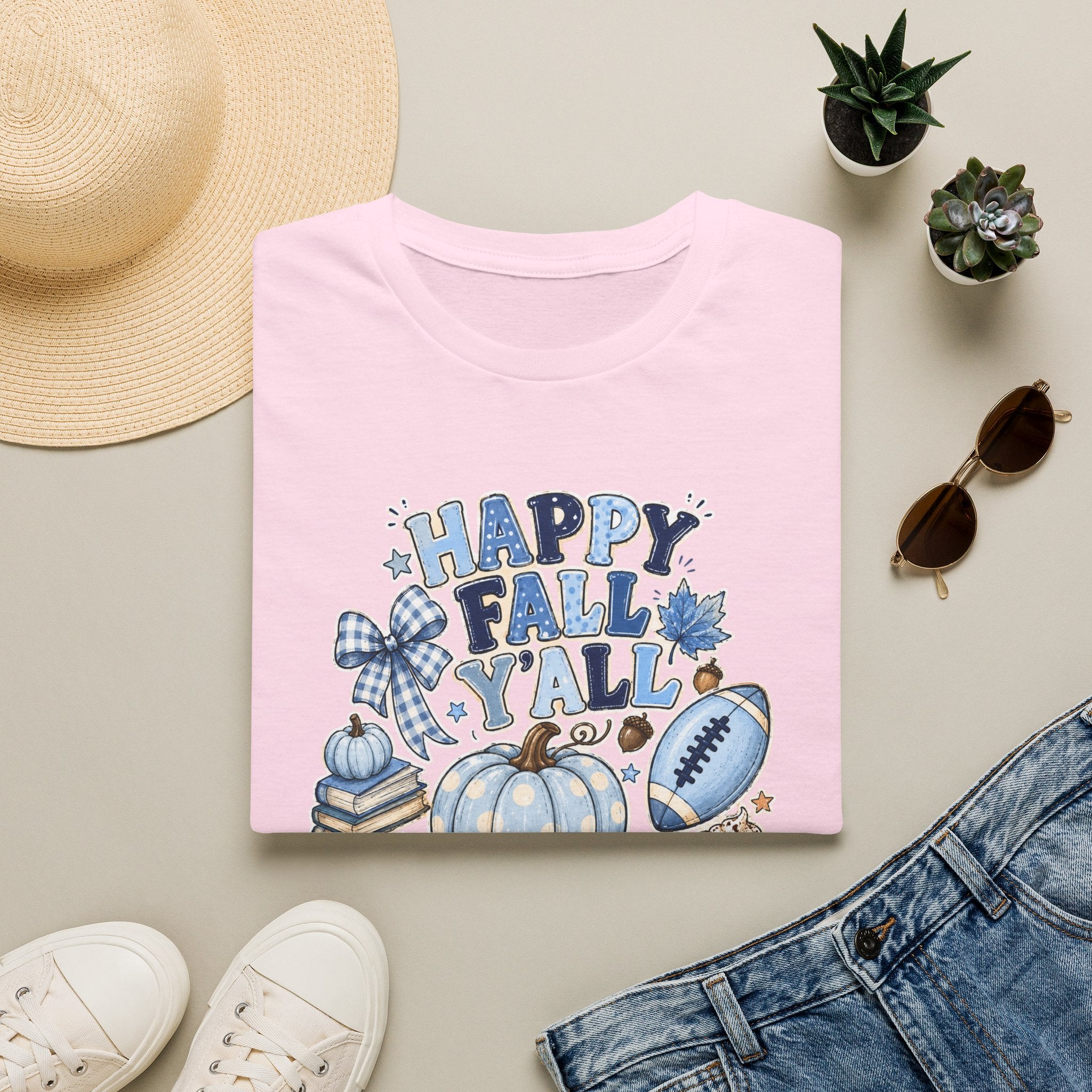 Happy Fall Y'all T-Shirt — Blue Pumpkin & Football Autumn Tee