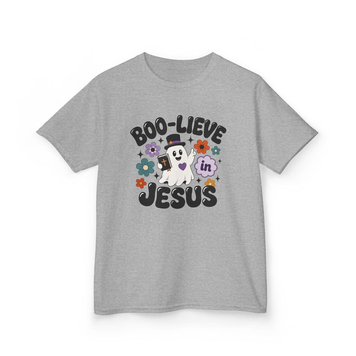 Kids Tee — "Boo-lieve in Jesus" Cute Halloween Ghost Christian Shirt