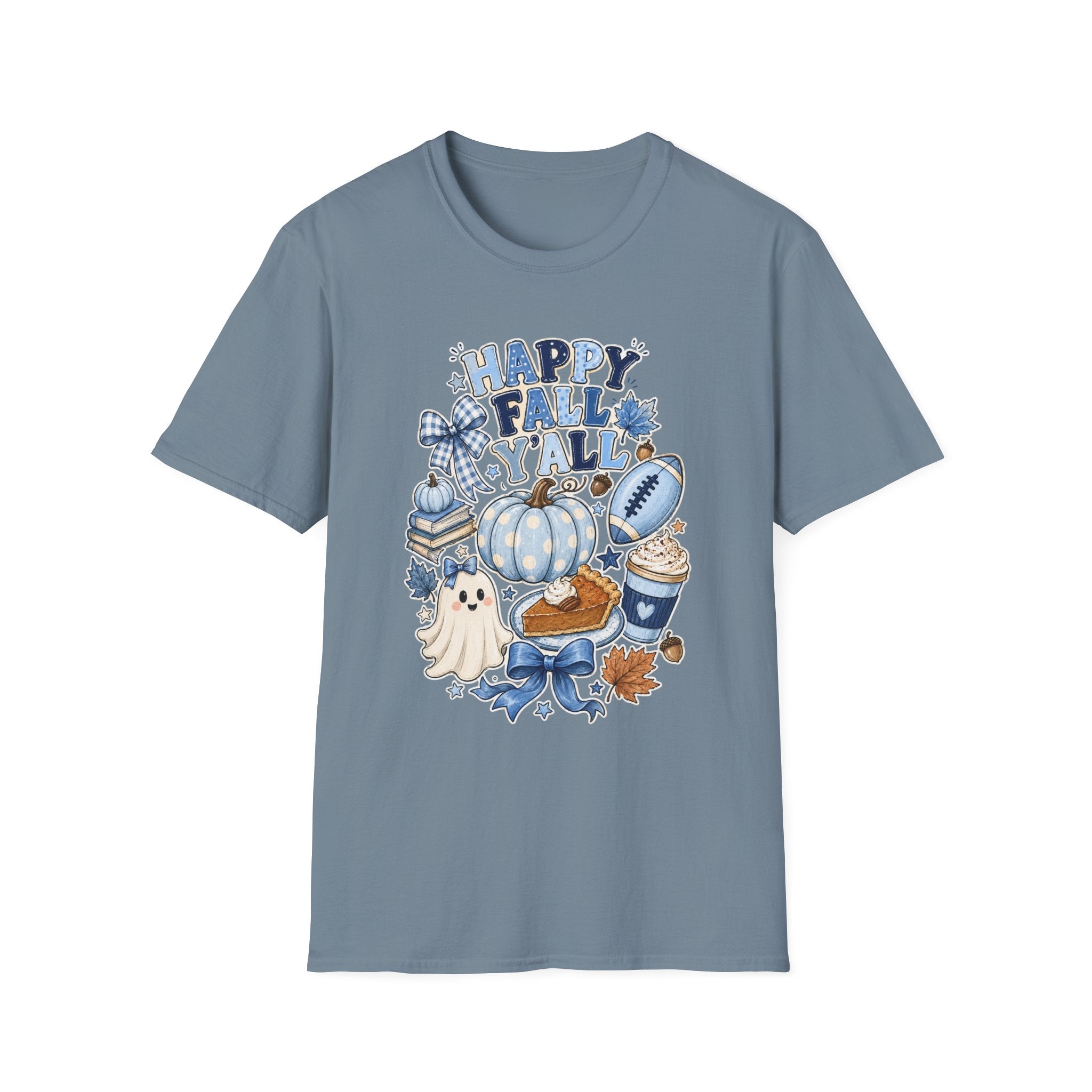 Happy Fall Y'all T-Shirt — Blue Pumpkin & Football Autumn Tee