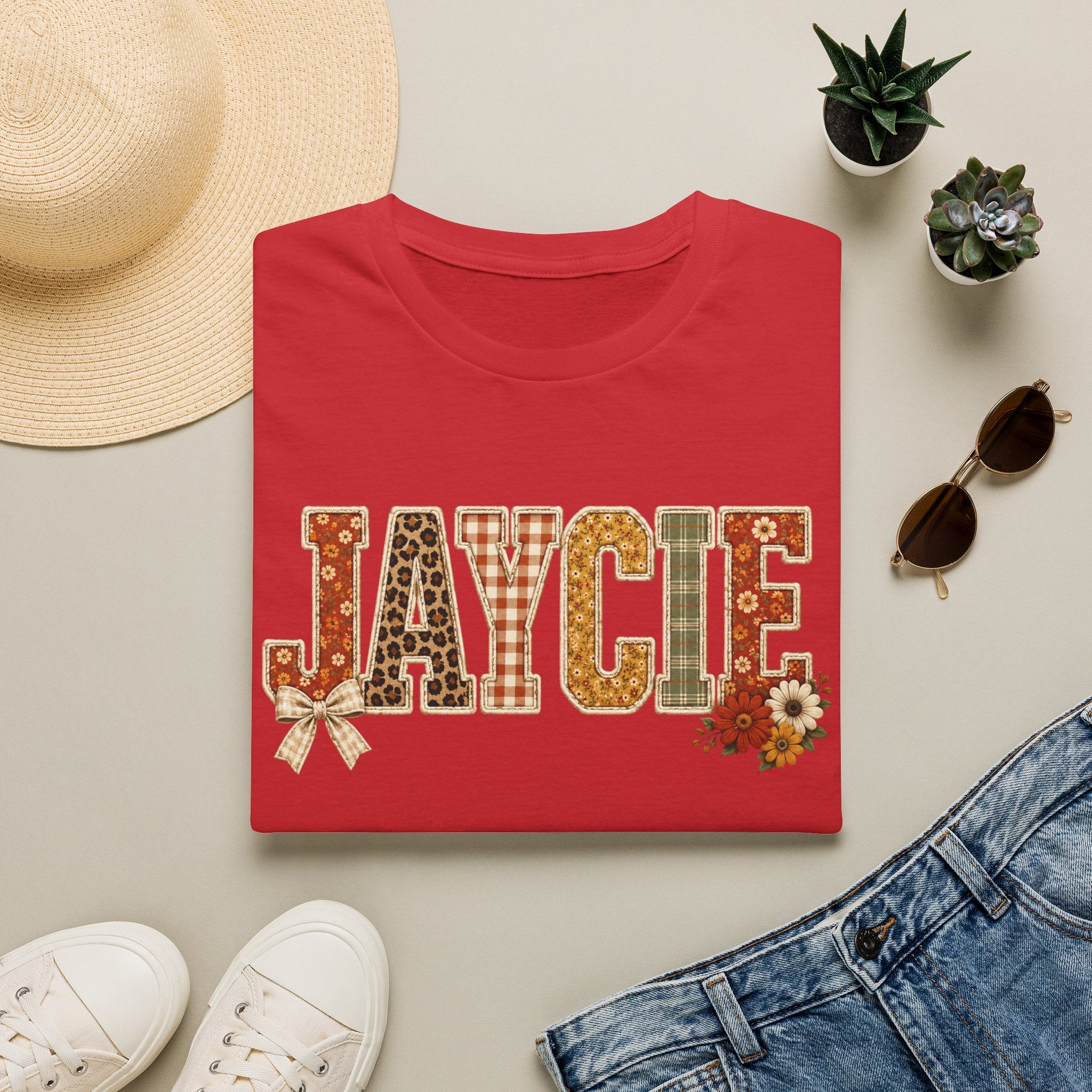 Personalized 'JAYCIE' Floral Plaid Name T-Shirt — Fall Patchwork Monogram Tee