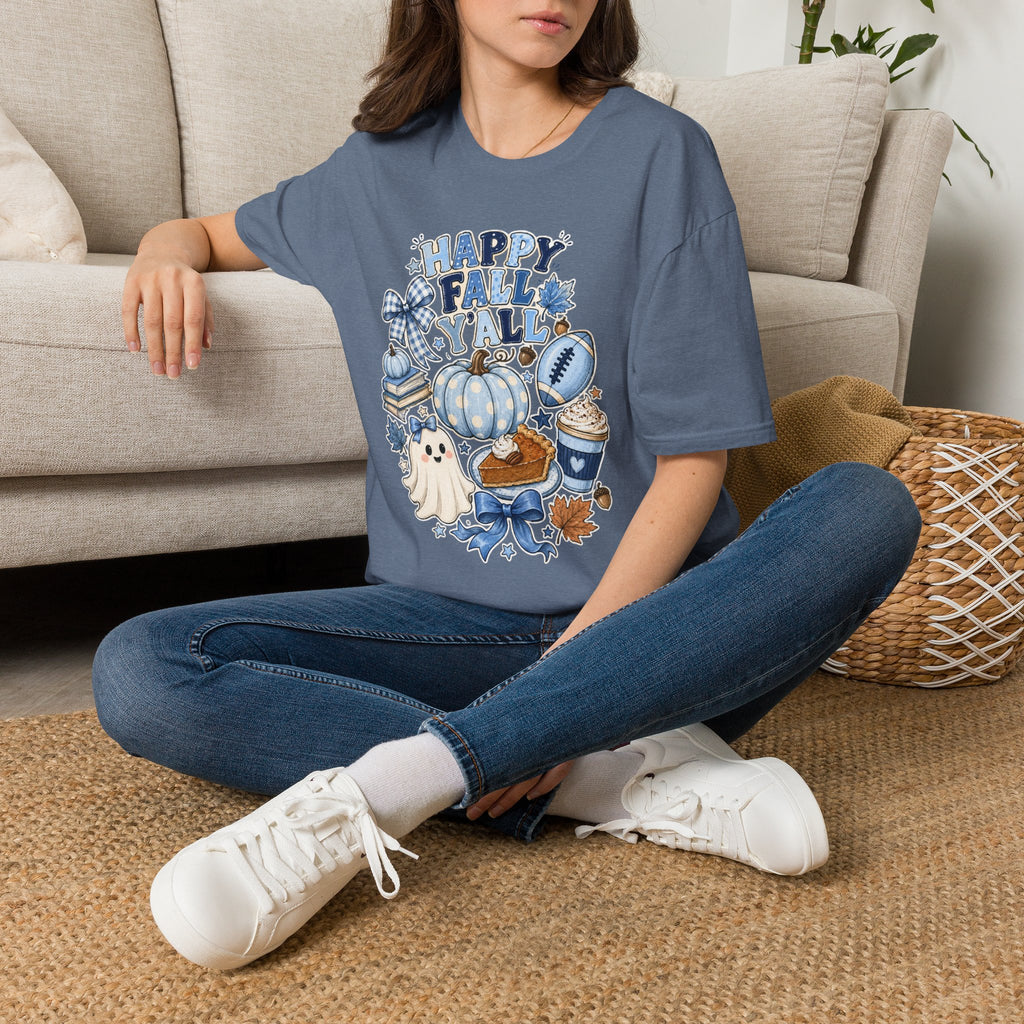 Happy Fall Y'all T-Shirt — Blue Pumpkin & Football Autumn Tee