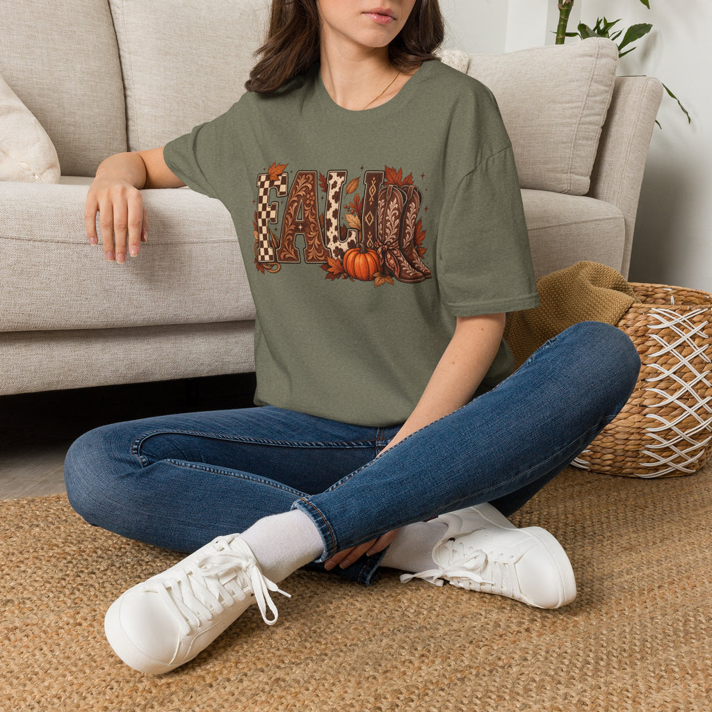 Fall Graphic T-Shirt — Pumpkin & Cowgirl Boots Autumn Tee
