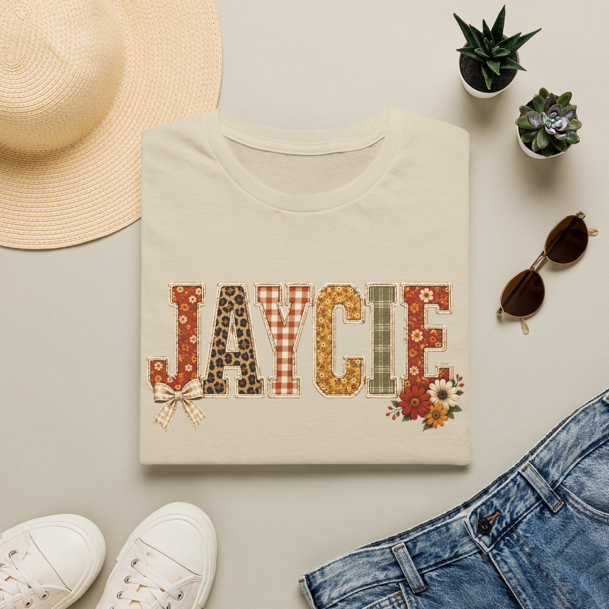 Personalized 'JAYCIE' Floral Plaid Name T-Shirt — Fall Patchwork Monogram Tee