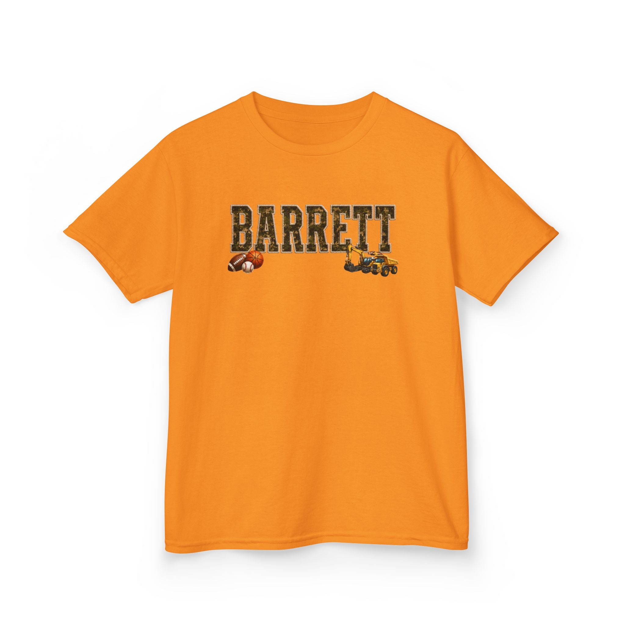 Barrett Kids Tee — Camo Name Shirt with Football & Truck Graphics