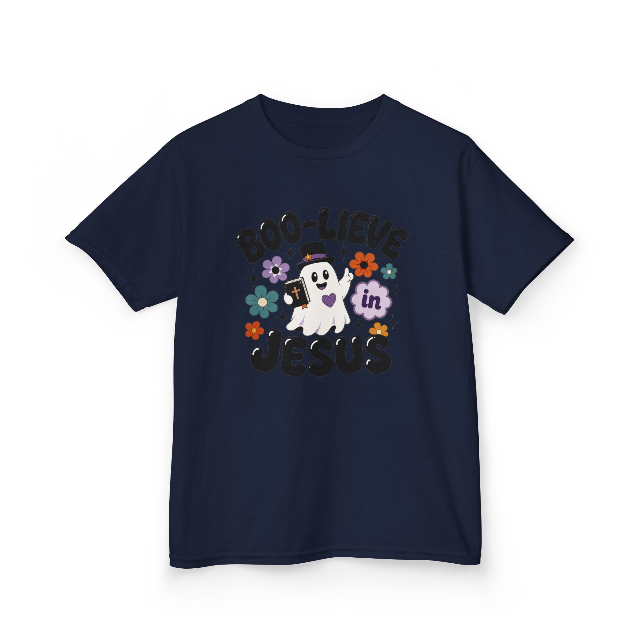Kids Tee — "Boo-lieve in Jesus" Cute Halloween Ghost Christian Shirt