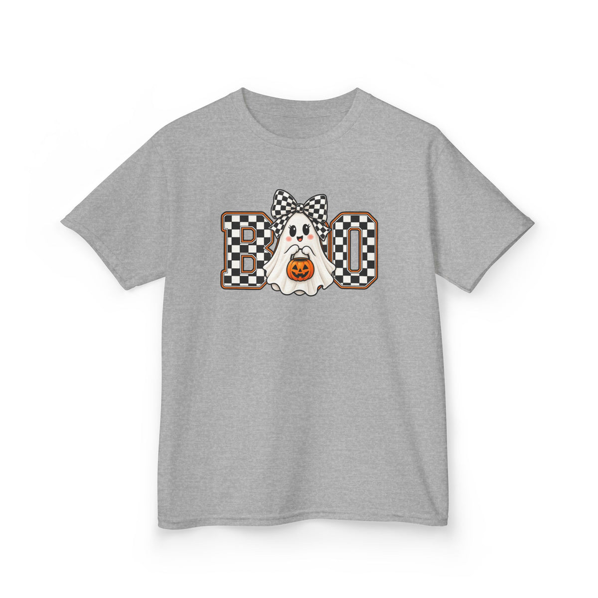 Kids Halloween 'Boo' Ghost Tee — Checker Bow Ghost Holding Pumpkin
