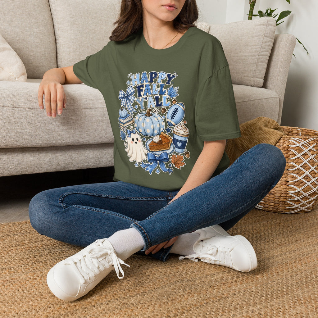 Happy Fall Y'all T-Shirt — Blue Pumpkin & Football Autumn Tee