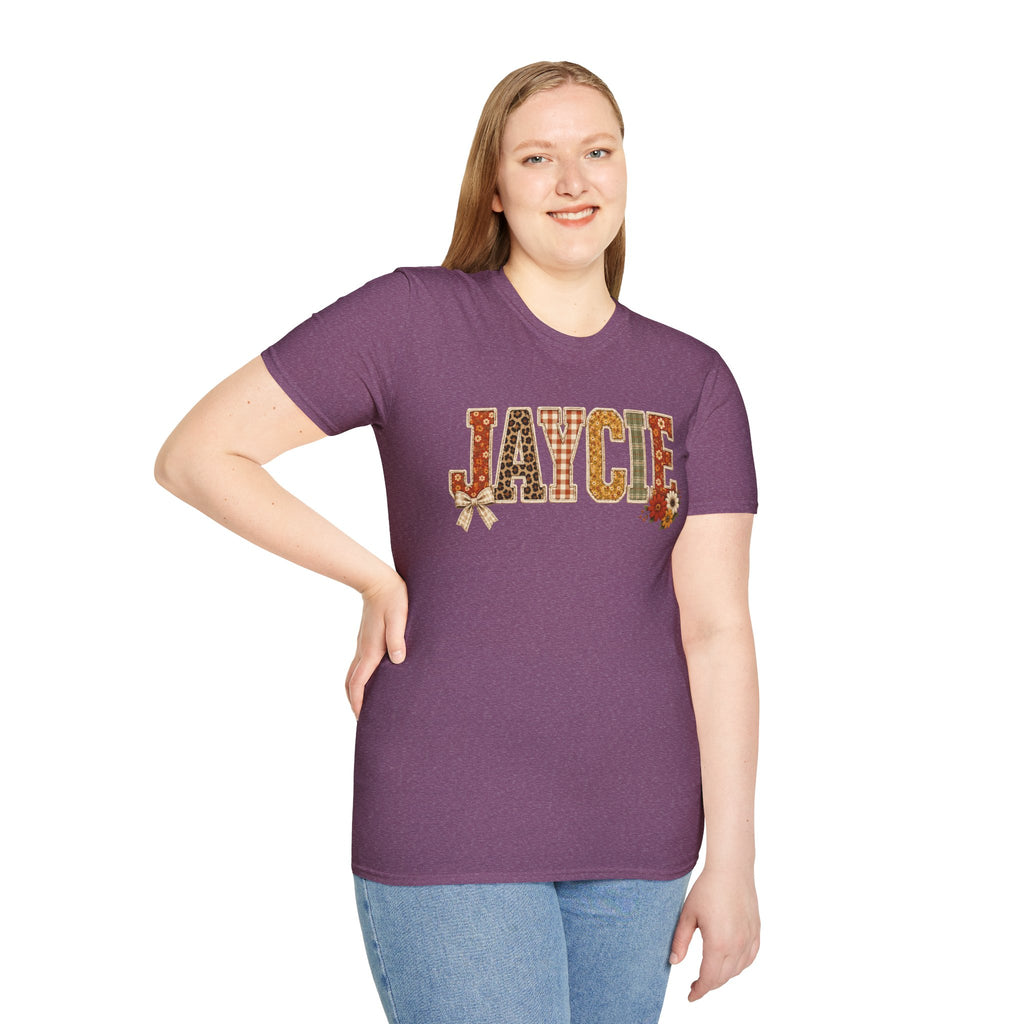 Personalized 'JAYCIE' Floral Plaid Name T-Shirt — Fall Patchwork Monogram Tee