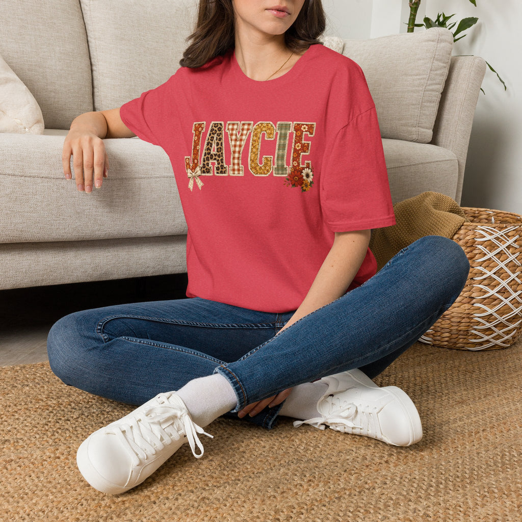 Personalized 'JAYCIE' Floral Plaid Name T-Shirt — Fall Patchwork Monogram Tee
