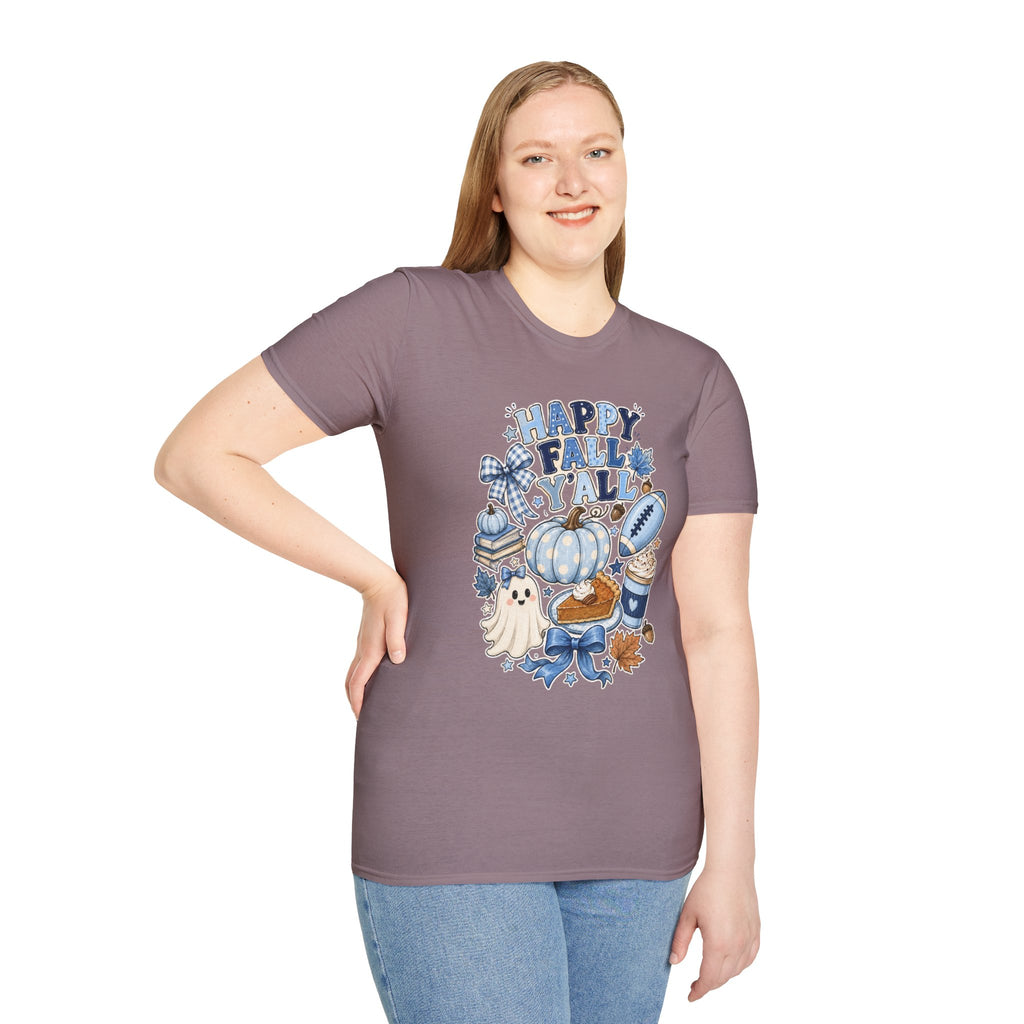 Happy Fall Y'all T-Shirt — Blue Pumpkin & Football Autumn Tee