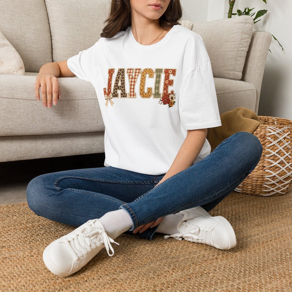 Personalized 'JAYCIE' Floral Plaid Name T-Shirt — Fall Patchwork Monogram Tee