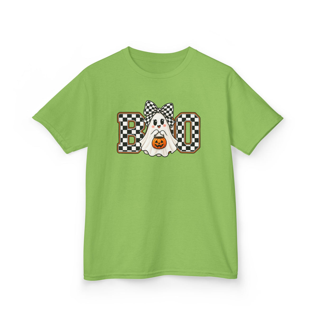 Kids Halloween 'Boo' Ghost Tee — Checker Bow Ghost Holding Pumpkin