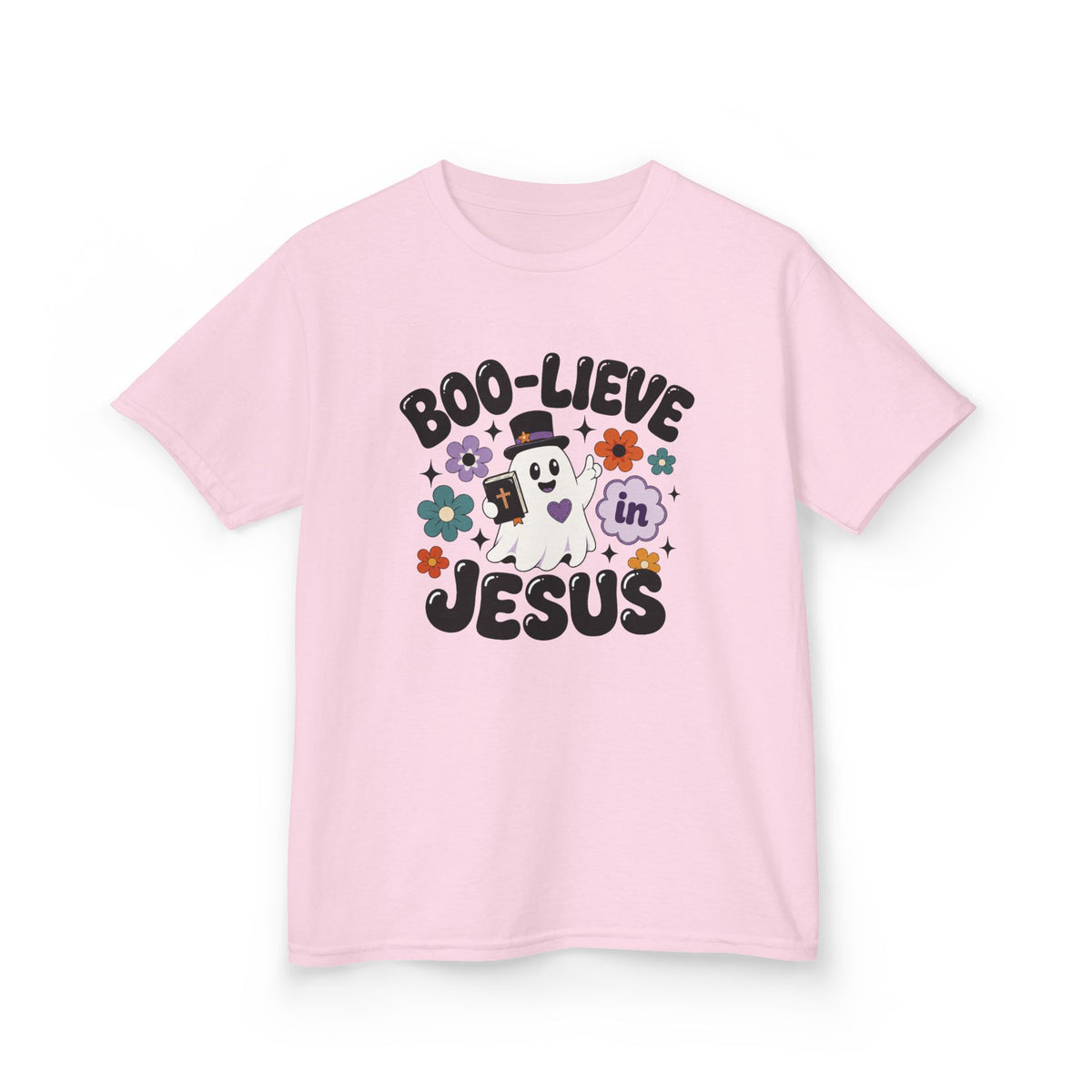 Kids Tee — "Boo-lieve in Jesus" Cute Halloween Ghost Christian Shirt