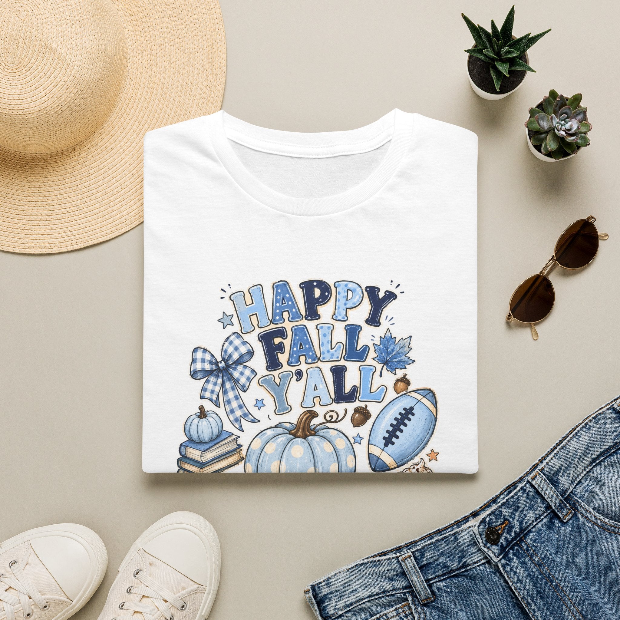 Happy Fall Y'all T-Shirt — Blue Pumpkin & Football Autumn Tee