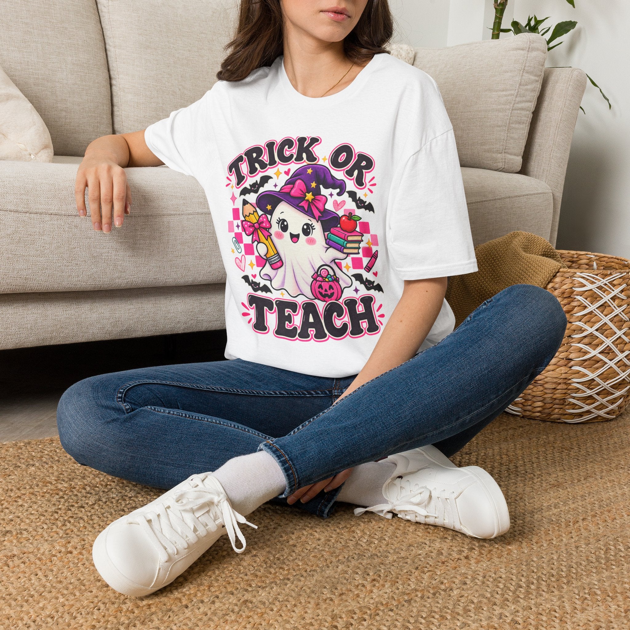 Trick or Teach T-Shirt — Cute Witch Ghost Teacher Halloween Tee