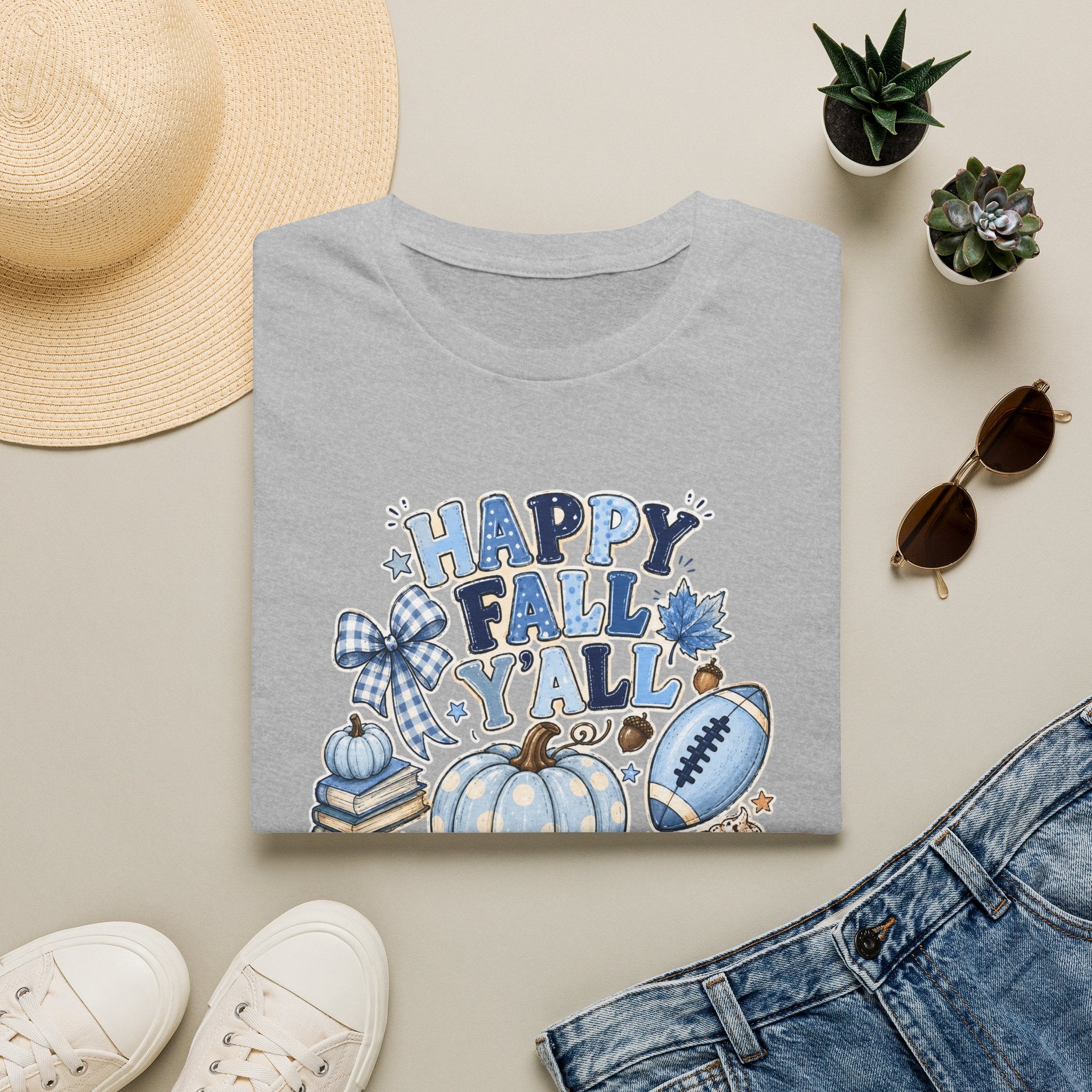 Happy Fall Y'all T-Shirt — Blue Pumpkin & Football Autumn Tee