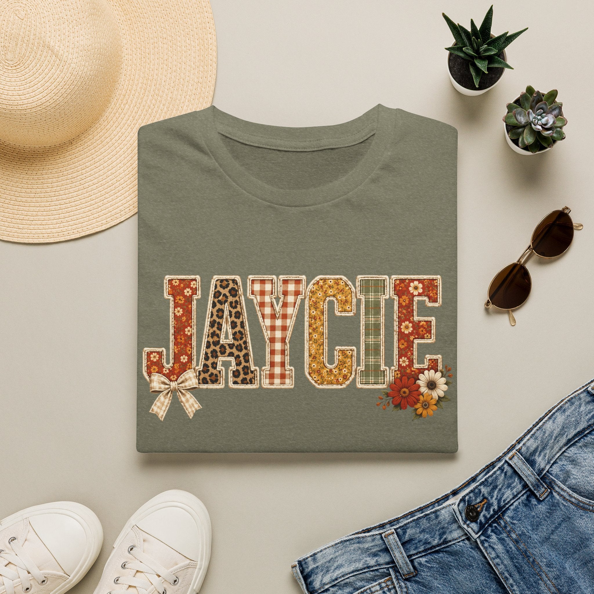 Personalized 'JAYCIE' Floral Plaid Name T-Shirt — Fall Patchwork Monogram Tee