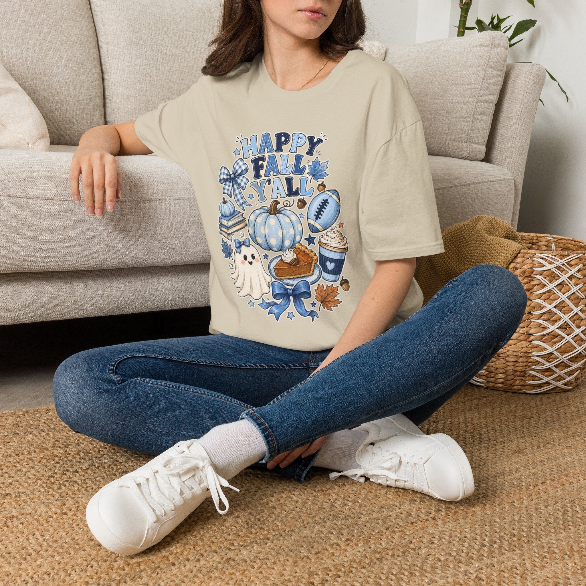 Happy Fall Y'all T-Shirt — Blue Pumpkin & Football Autumn Tee