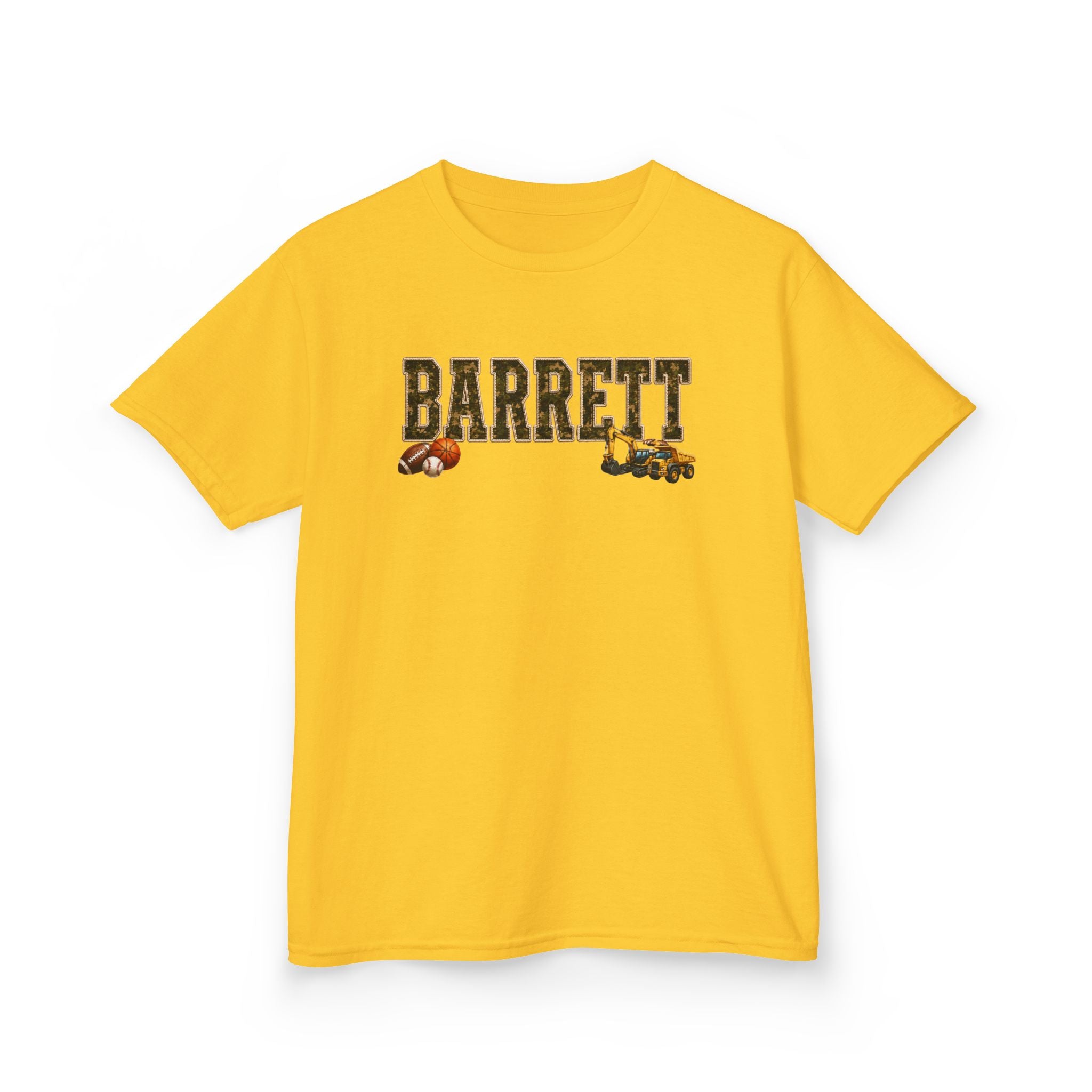 Barrett Kids Tee — Camo Name Shirt with Football & Truck Graphics