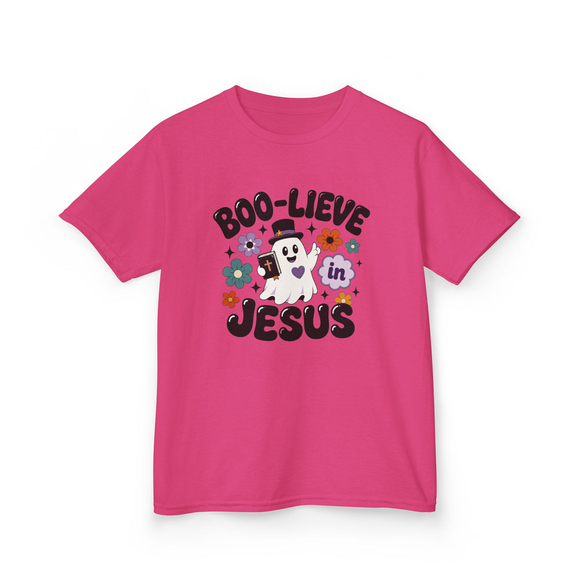 Kids Tee — "Boo-lieve in Jesus" Cute Halloween Ghost Christian Shirt