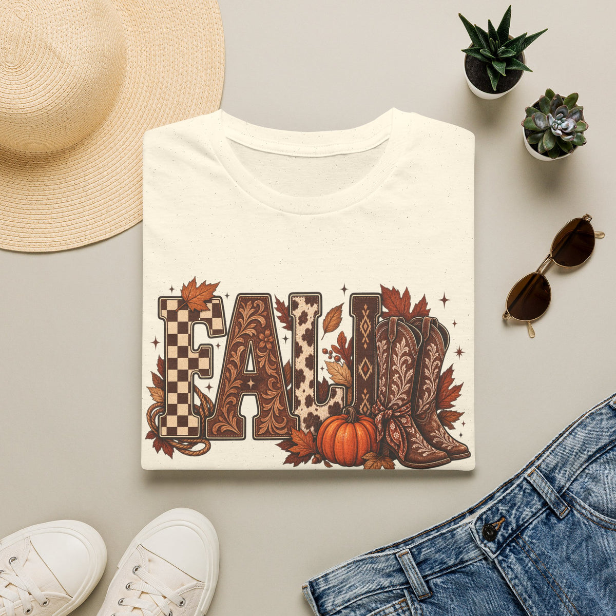 Fall Graphic T-Shirt — Pumpkin & Cowgirl Boots Autumn Tee