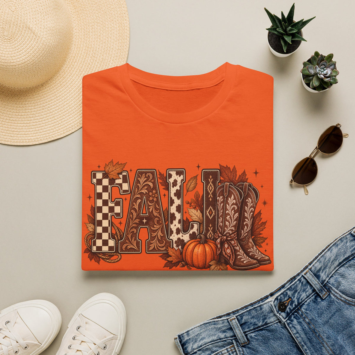 Fall Graphic T-Shirt — Pumpkin & Cowgirl Boots Autumn Tee