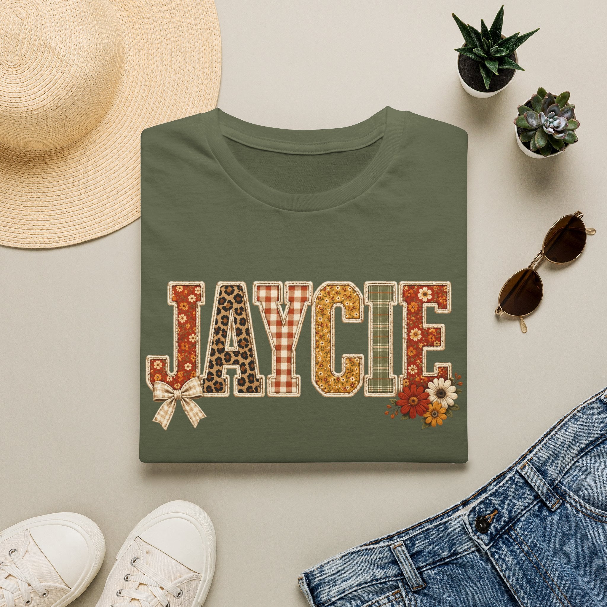 Personalized 'JAYCIE' Floral Plaid Name T-Shirt — Fall Patchwork Monogram Tee