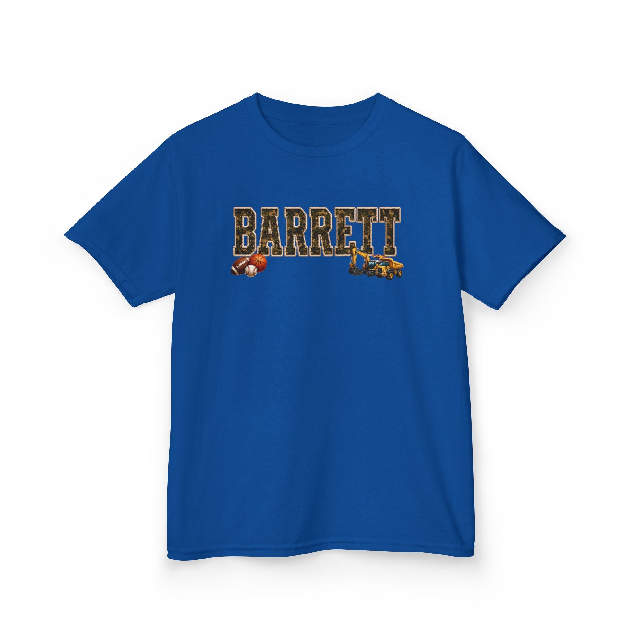 Barrett Kids Tee — Camo Name Shirt with Football & Truck Graphics