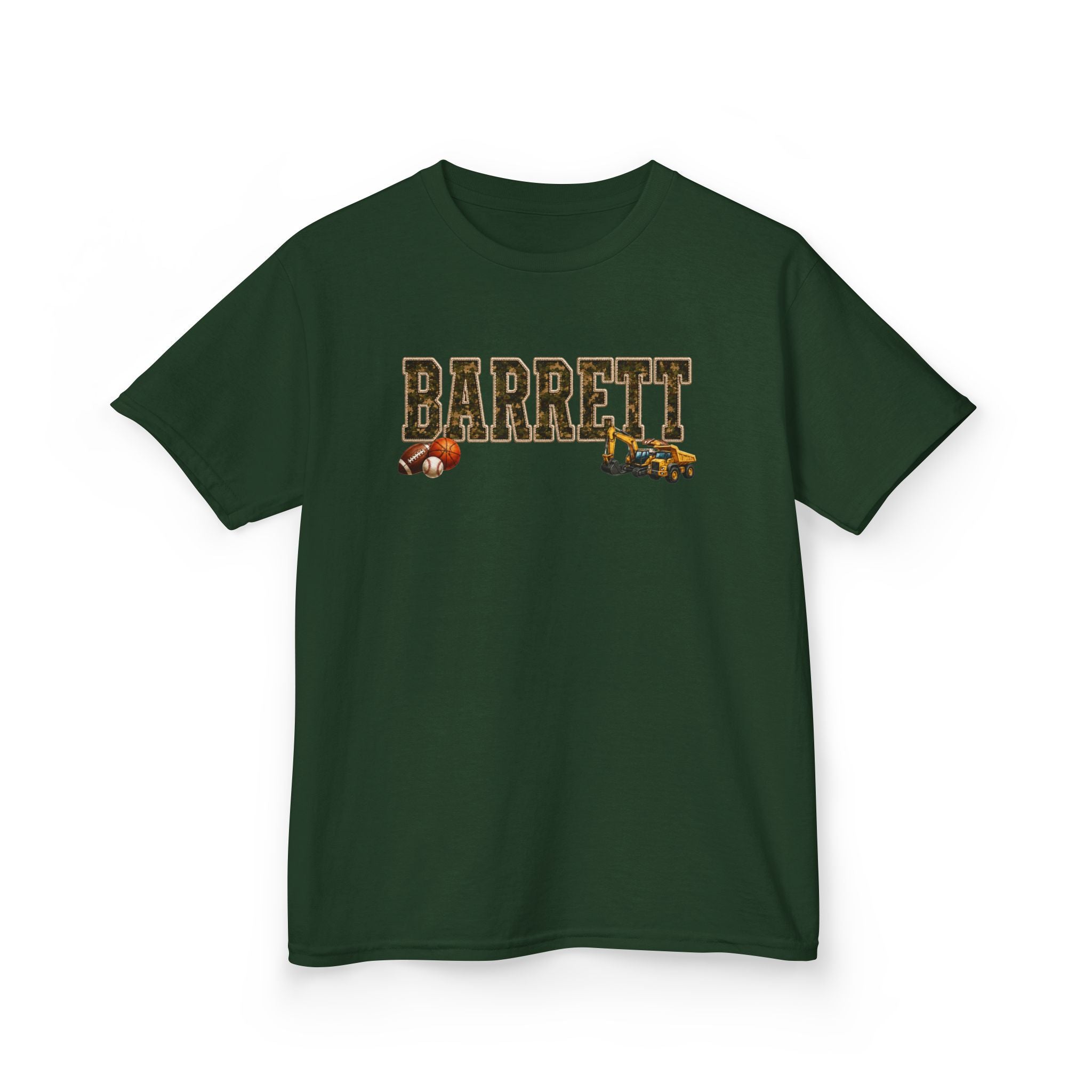 Barrett Kids Tee — Camo Name Shirt with Football & Truck Graphics