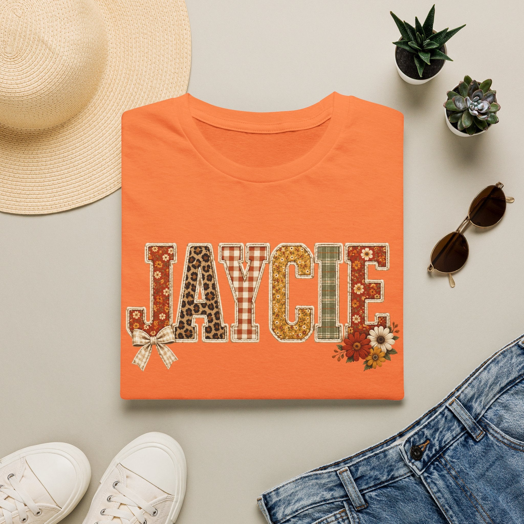 Personalized 'JAYCIE' Floral Plaid Name T-Shirt — Fall Patchwork Monogram Tee