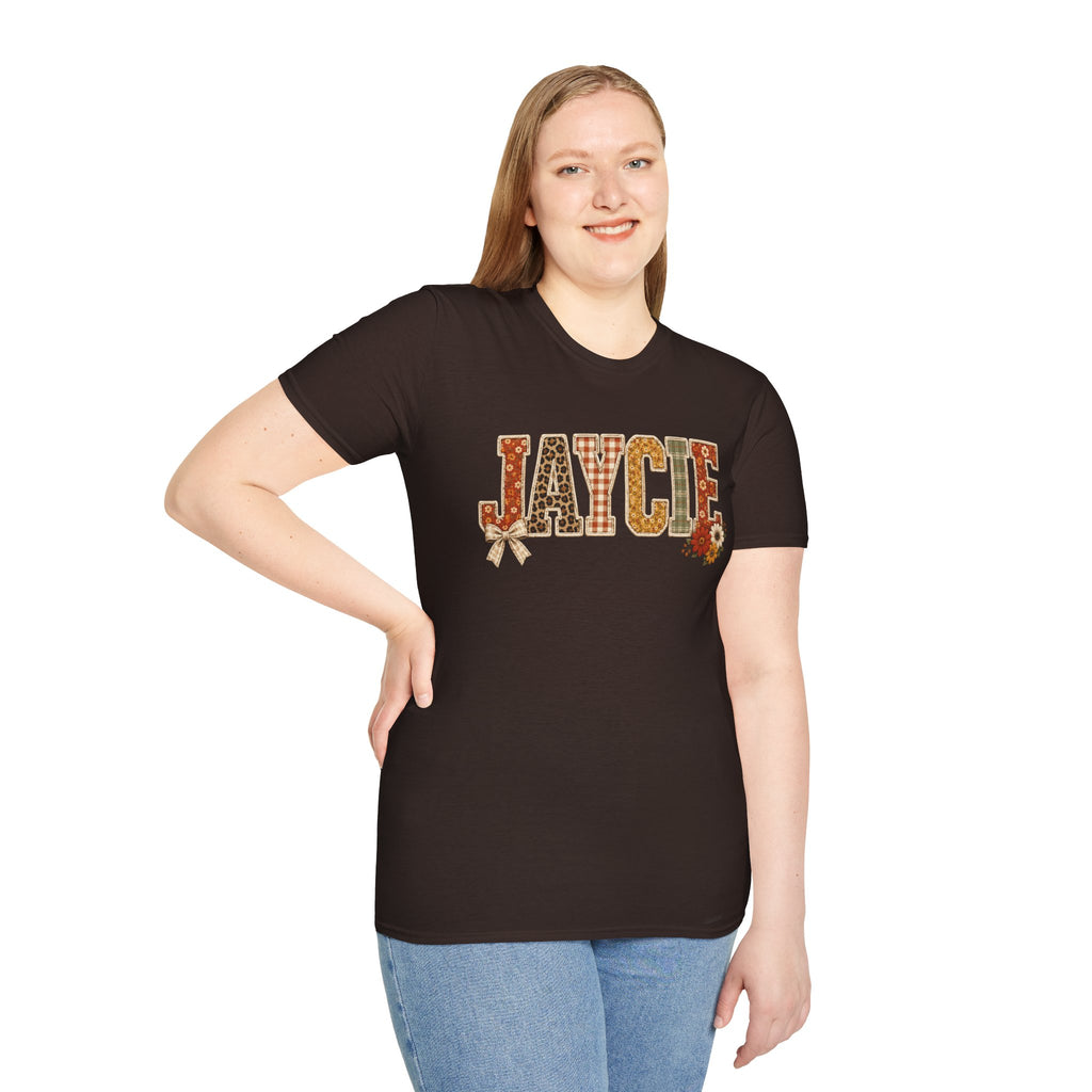 Personalized 'JAYCIE' Floral Plaid Name T-Shirt — Fall Patchwork Monogram Tee