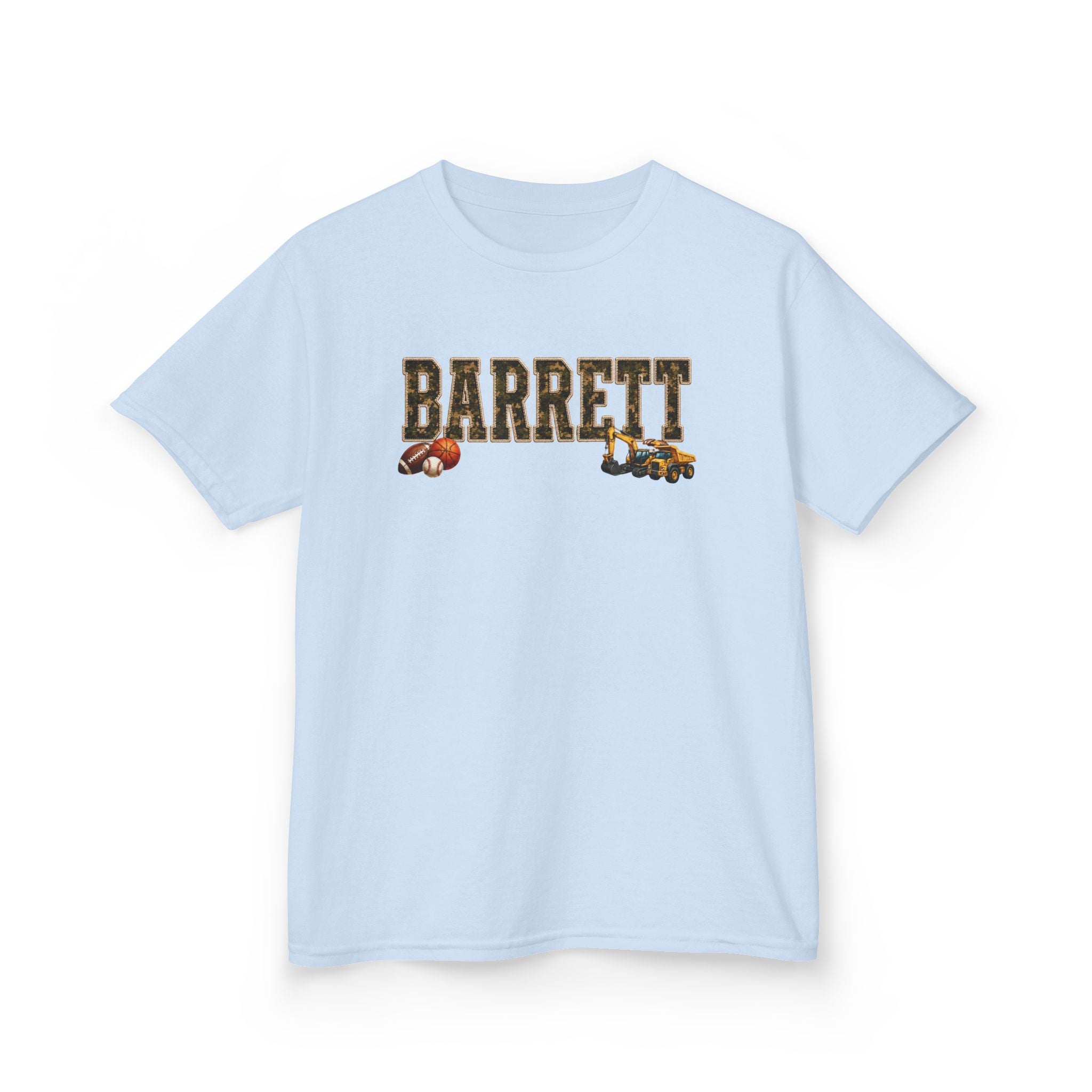 Barrett Kids Tee — Camo Name Shirt with Football & Truck Graphics