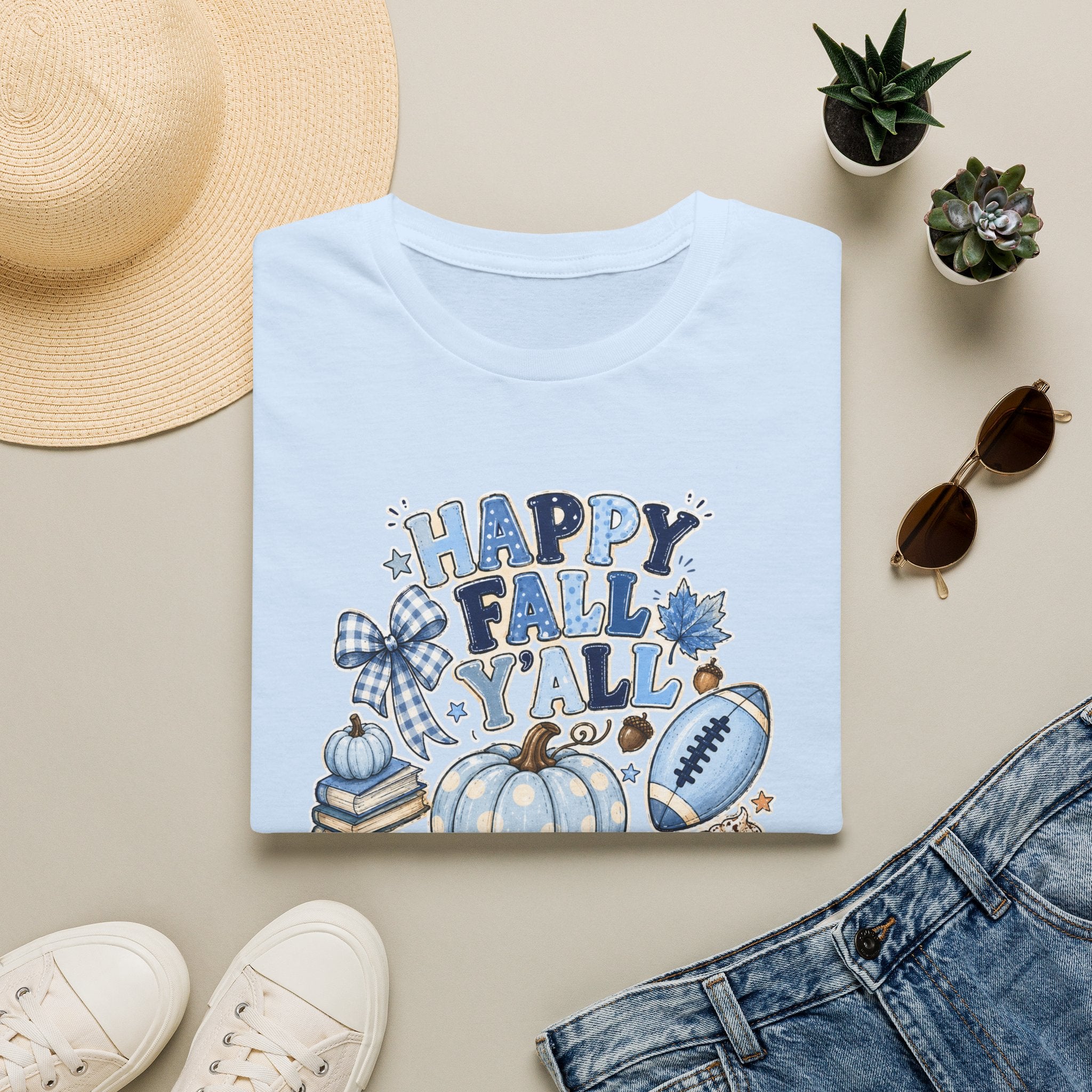 Happy Fall Y'all T-Shirt — Blue Pumpkin & Football Autumn Tee