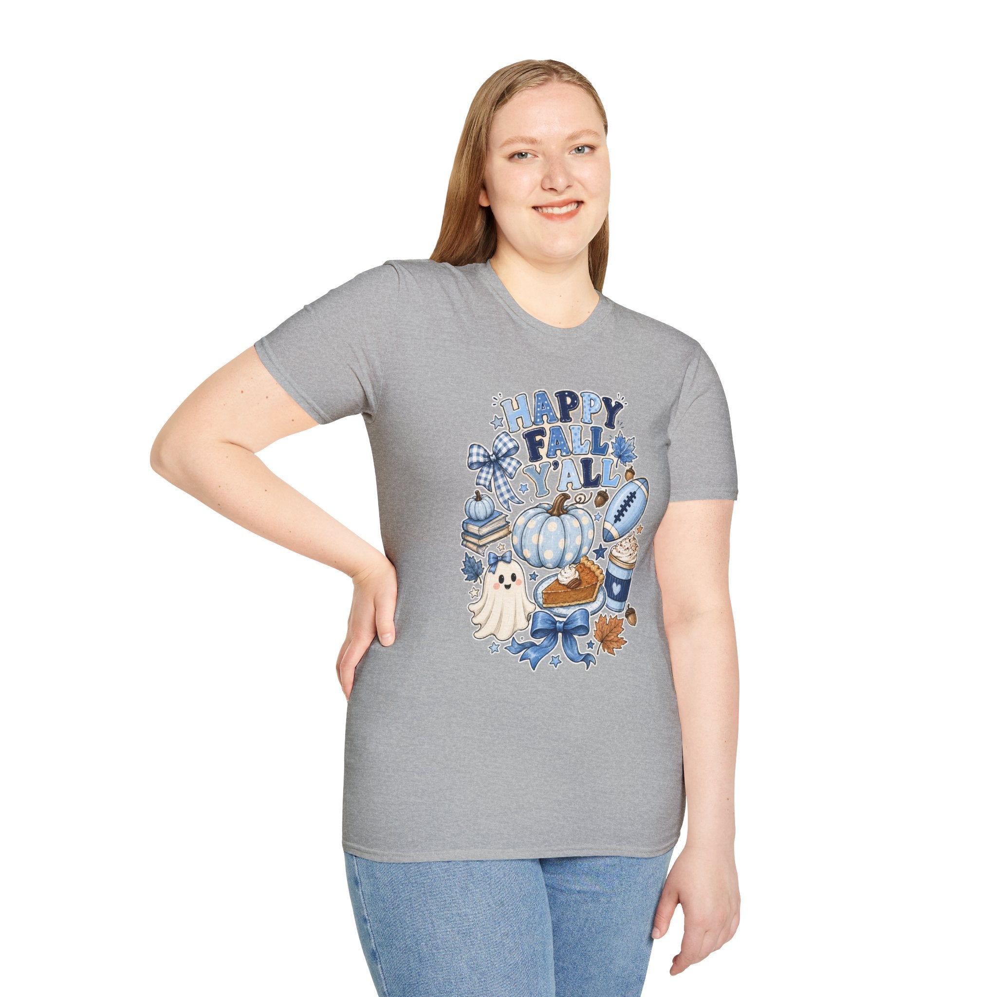Happy Fall Y'all T-Shirt — Blue Pumpkin & Football Autumn Tee