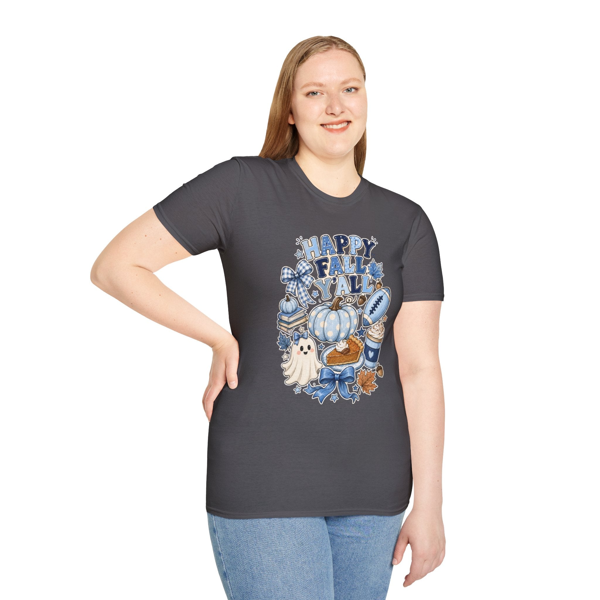 Happy Fall Y'all T-Shirt — Blue Pumpkin & Football Autumn Tee