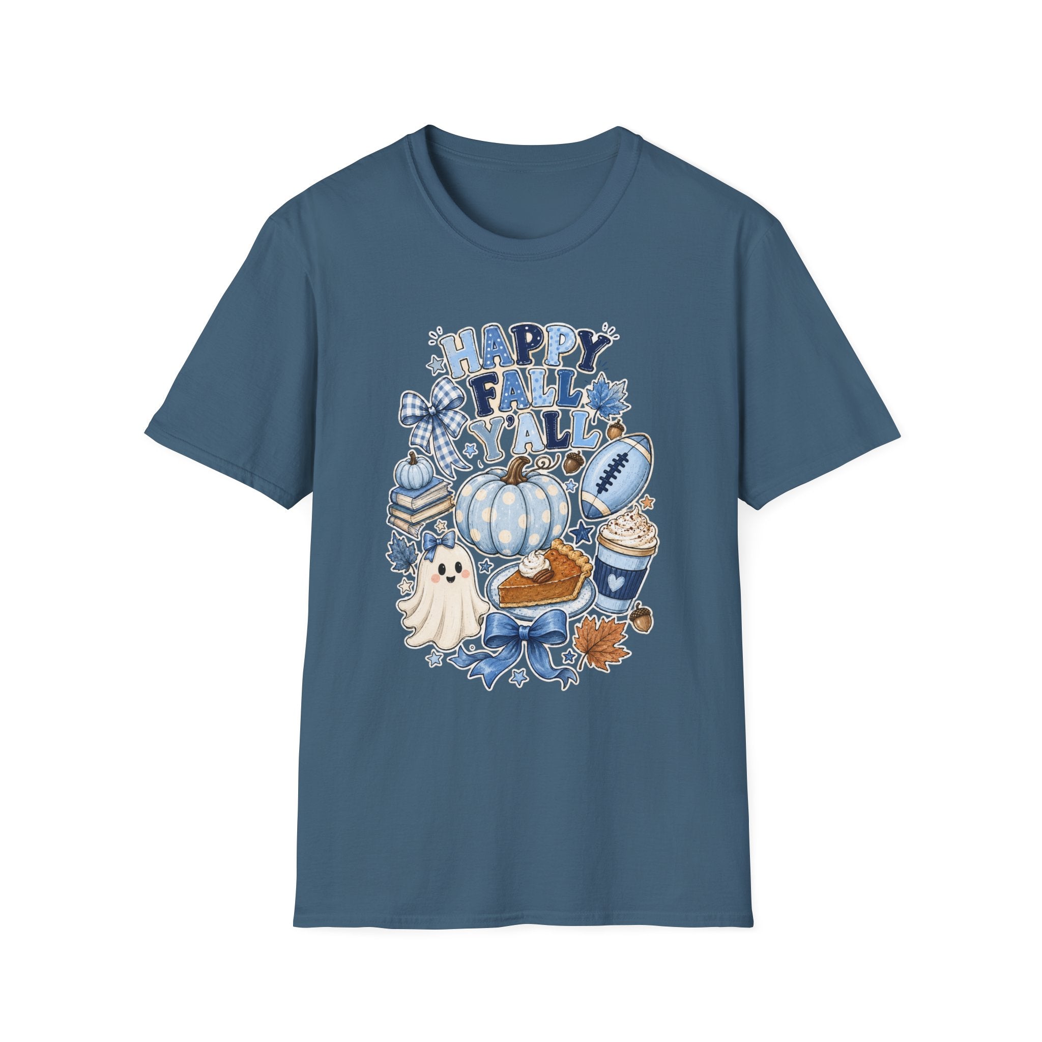 Happy Fall Y'all T-Shirt — Blue Pumpkin & Football Autumn Tee