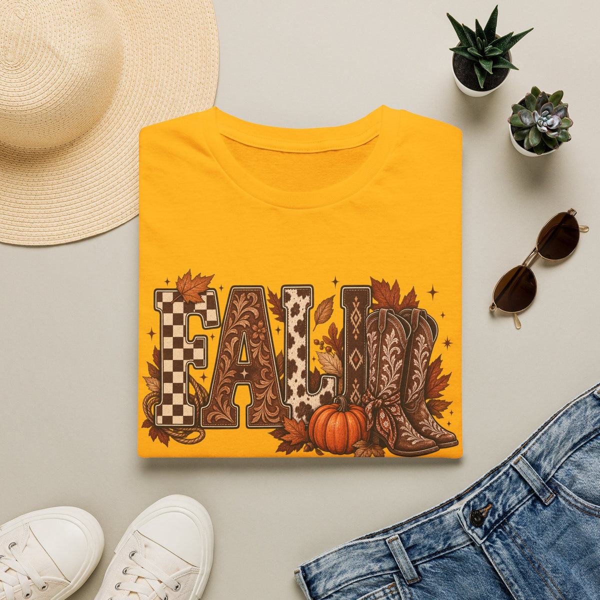 Fall Graphic T-Shirt — Pumpkin & Cowgirl Boots Autumn Tee