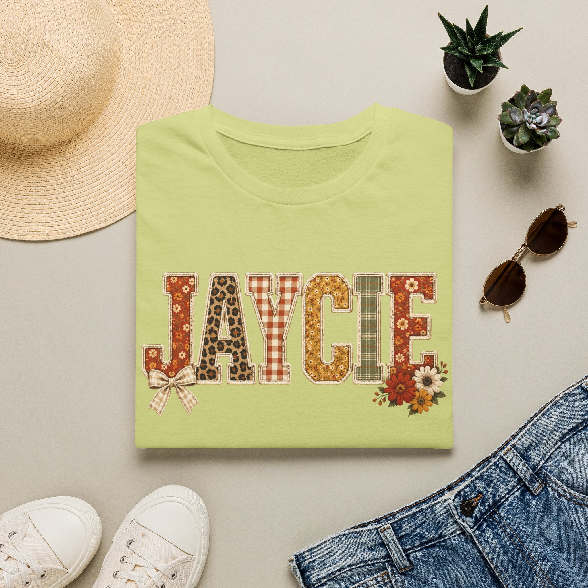 Personalized 'JAYCIE' Floral Plaid Name T-Shirt — Fall Patchwork Monogram Tee