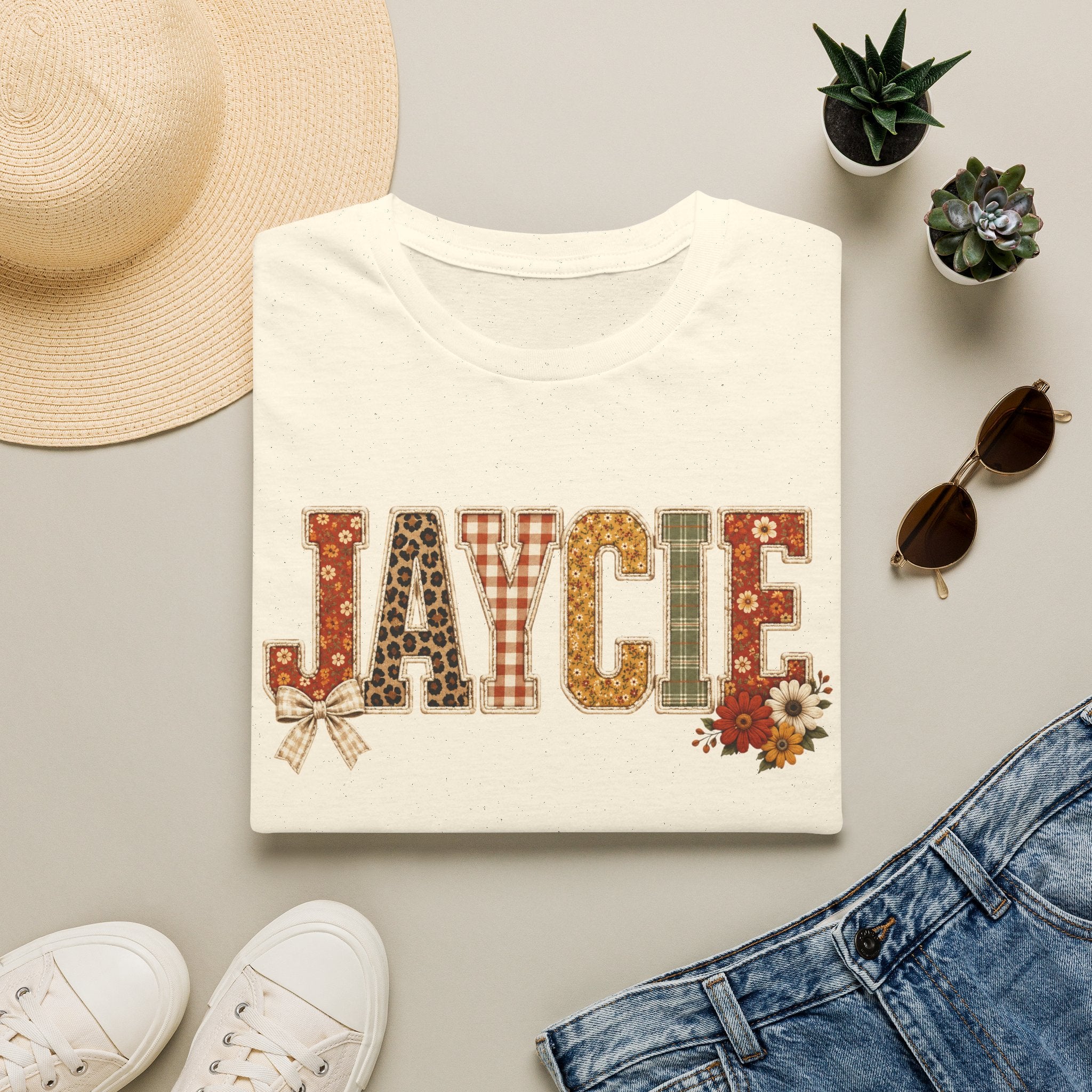 Personalized 'JAYCIE' Floral Plaid Name T-Shirt — Fall Patchwork Monogram Tee