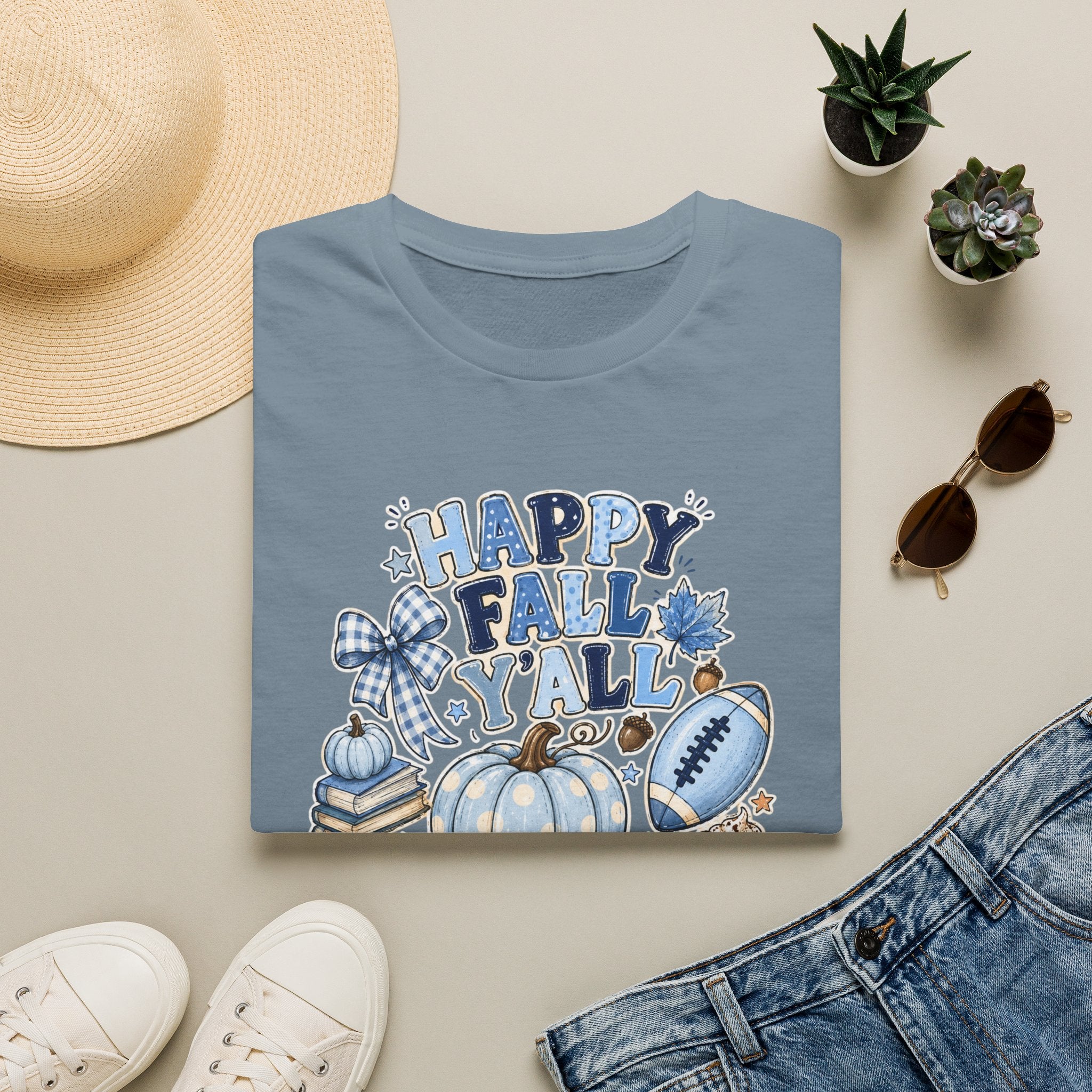 Happy Fall Y'all T-Shirt — Blue Pumpkin & Football Autumn Tee