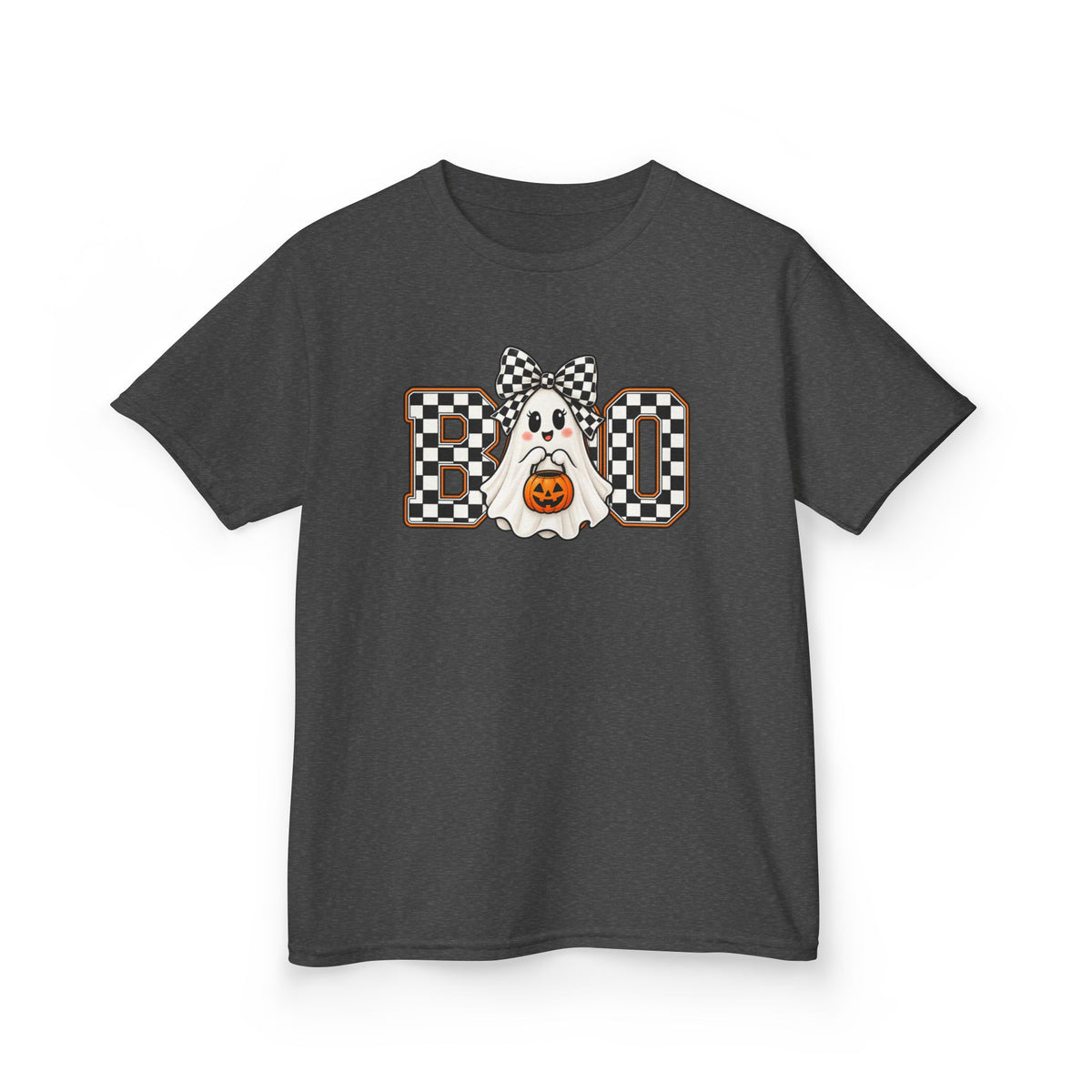 Kids Halloween 'Boo' Ghost Tee — Checker Bow Ghost Holding Pumpkin