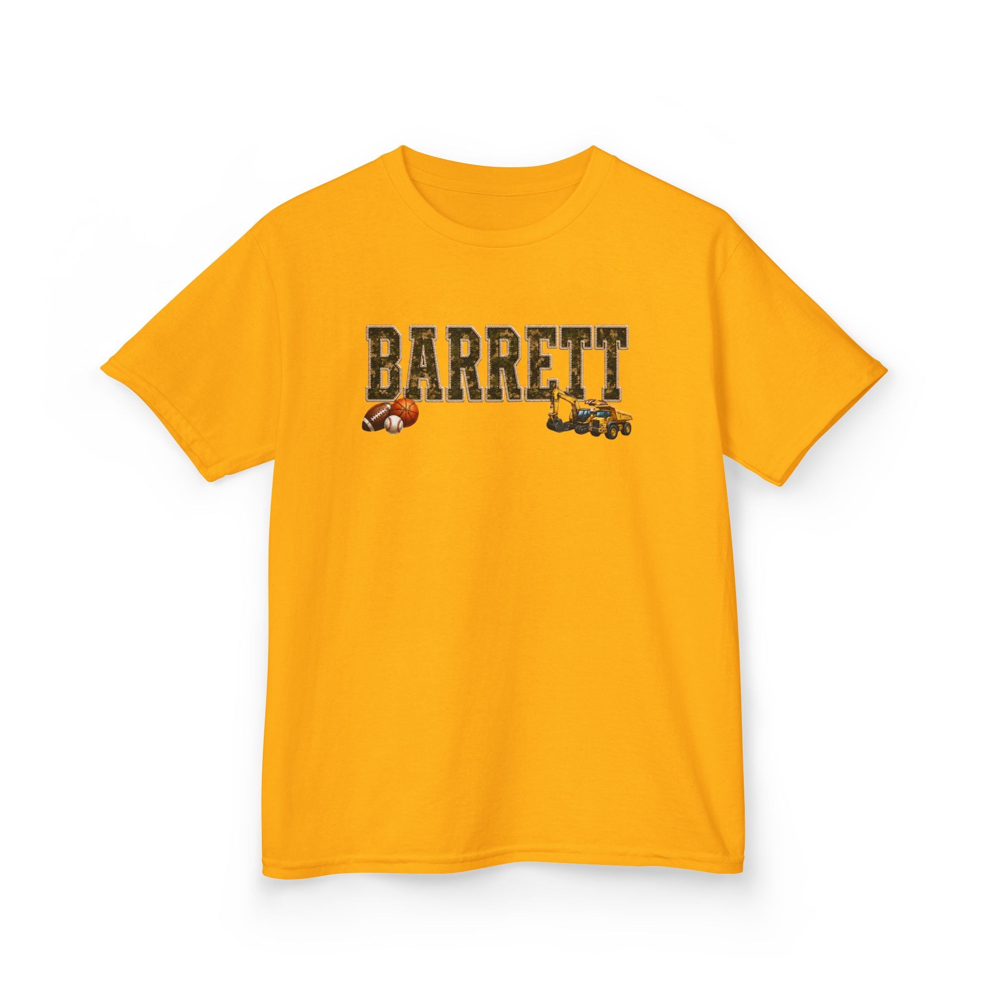 Barrett Kids Tee — Camo Name Shirt with Football & Truck Graphics