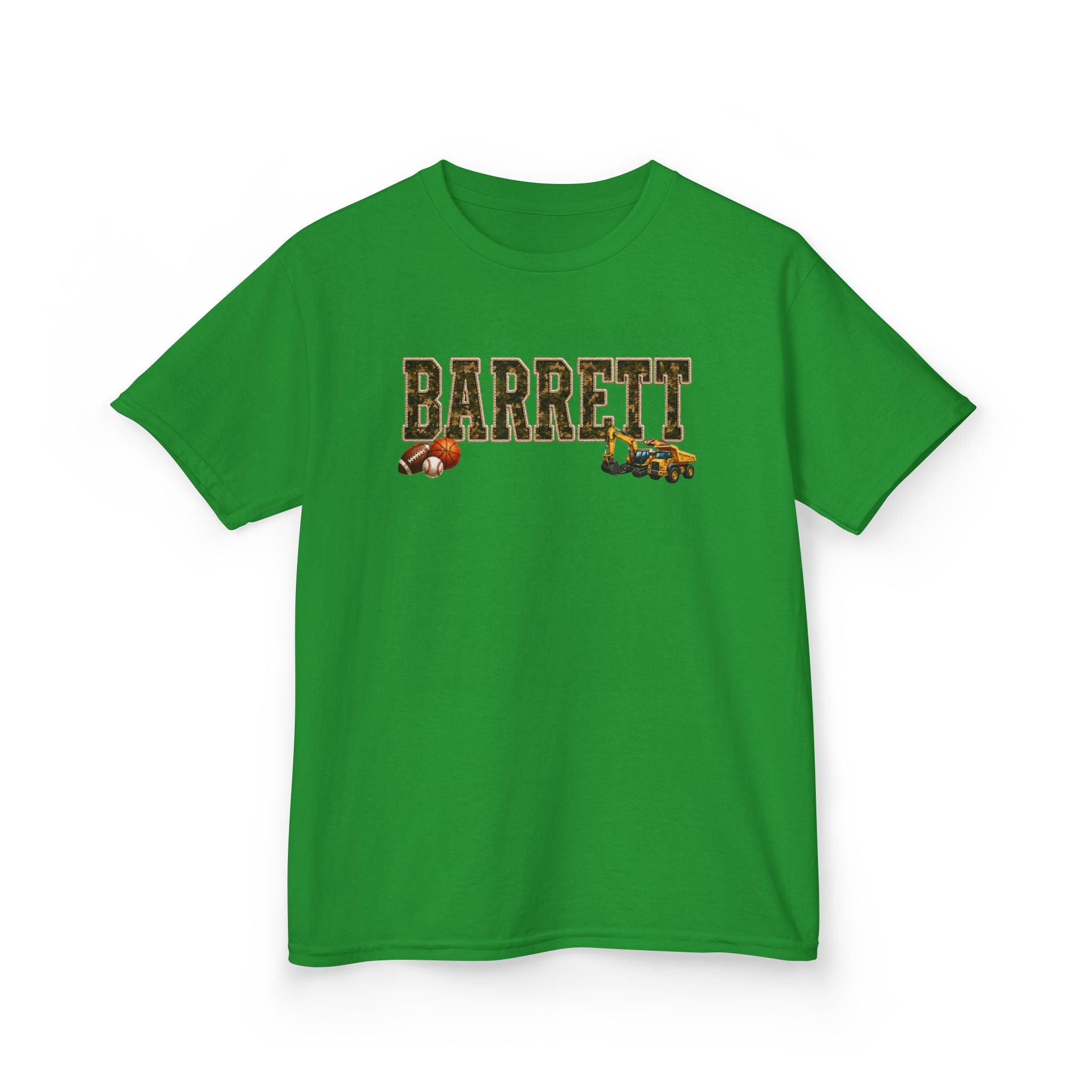 Barrett Kids Tee — Camo Name Shirt with Football & Truck Graphics