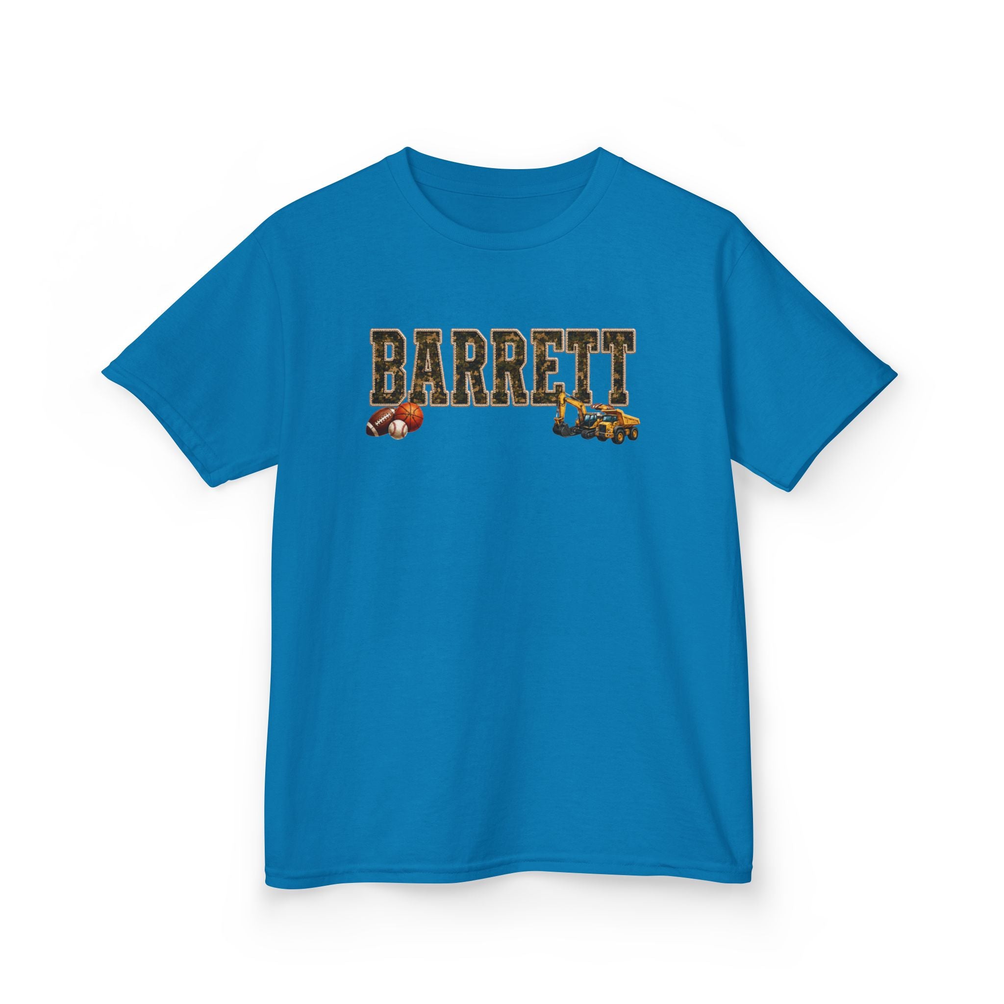 Barrett Kids Tee — Camo Name Shirt with Football & Truck Graphics