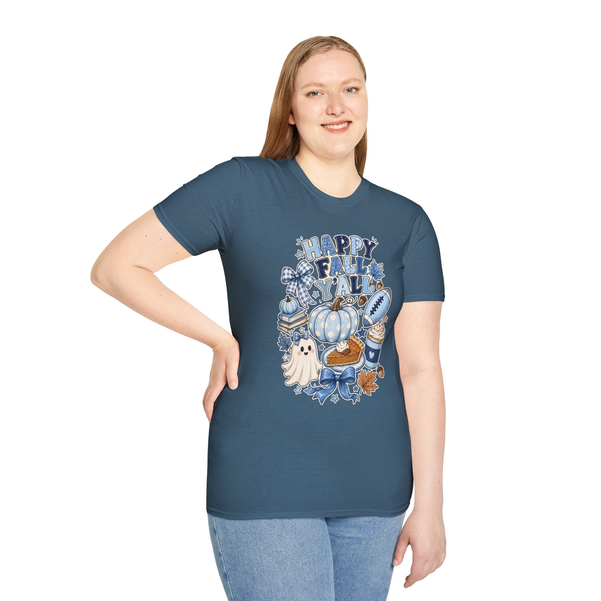 Happy Fall Y'all T-Shirt — Blue Pumpkin & Football Autumn Tee